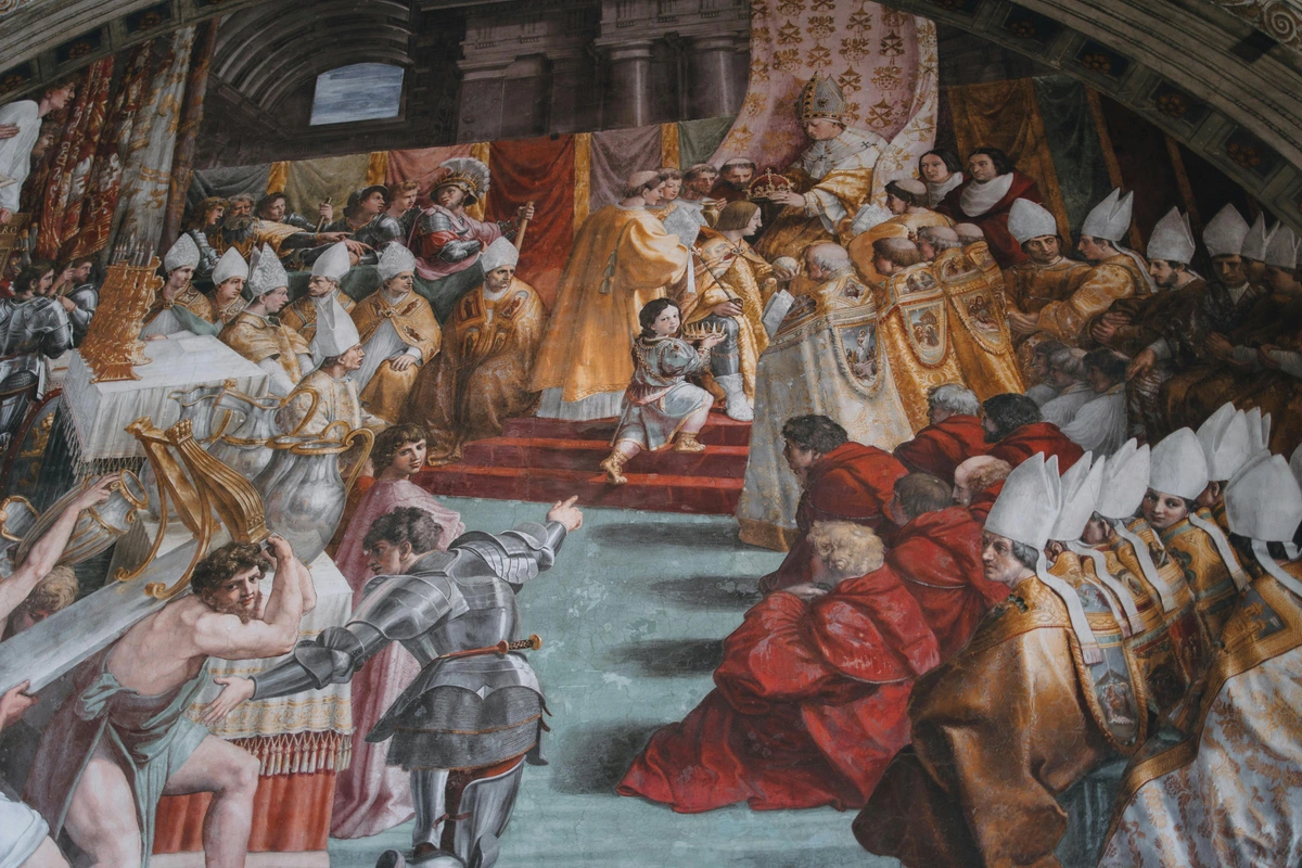Pope crowning a young king in a historic Vatican fresco, depicting a scene from Renaissance art.