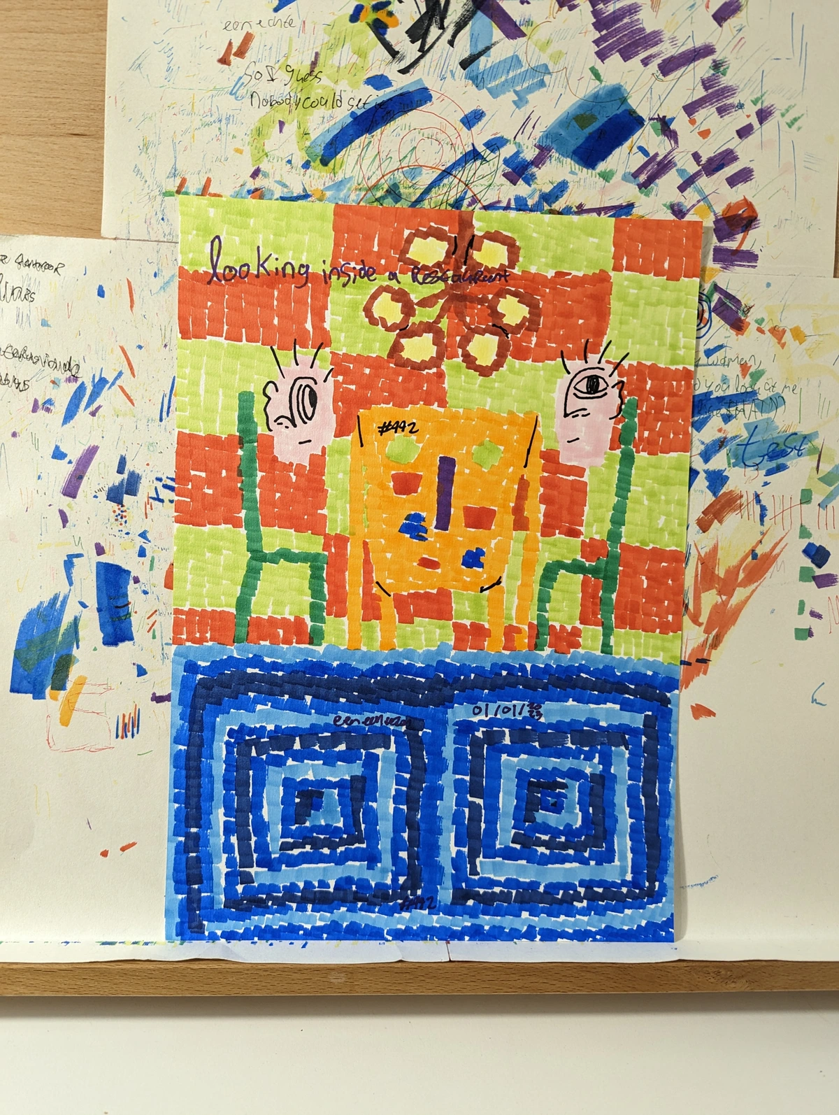 restaurant, interior, dining, people, faces, chairs, table, geometric patterns, blue, orange, green, red, abstract, colorful, date, 01/01/23