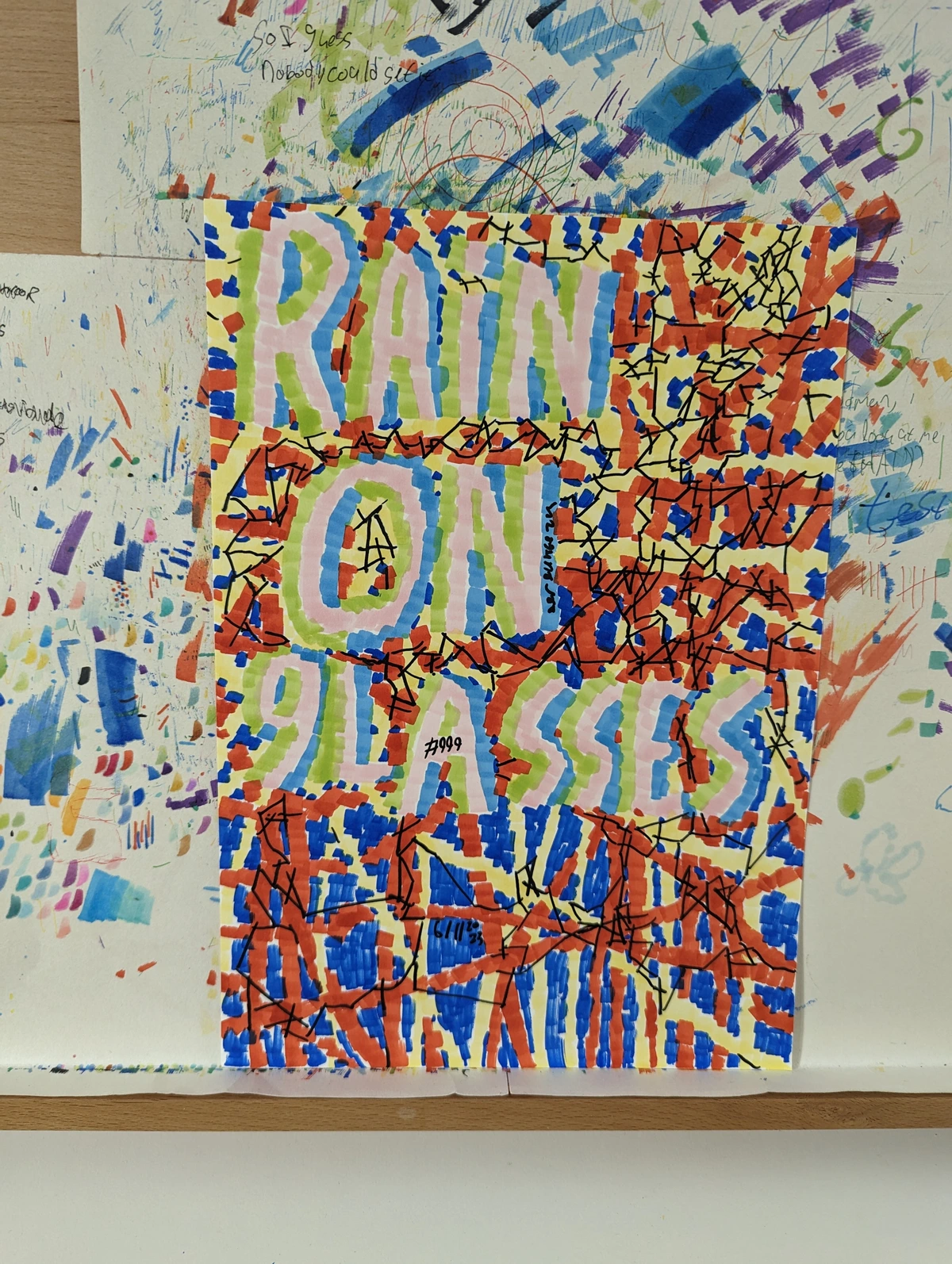 rain, glasses, abstract, colorful, bold lines, textured, energetic, chaotic, vibrant, red, blue, yellow, green, pink, black, scribbles, patterns