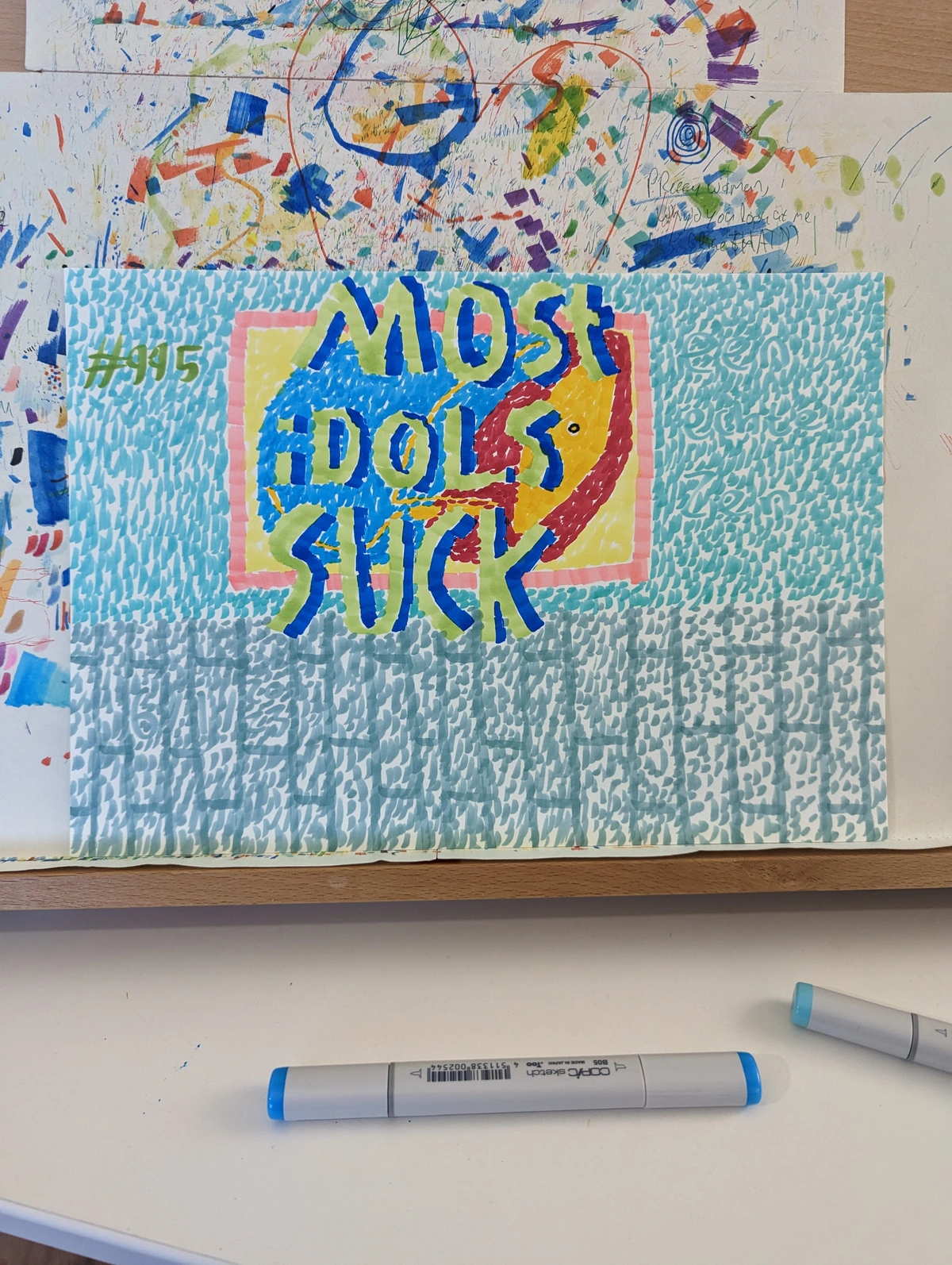 idols, suck, criticism, anti-establishment, bold colors, graphic style, text-based art, #995
