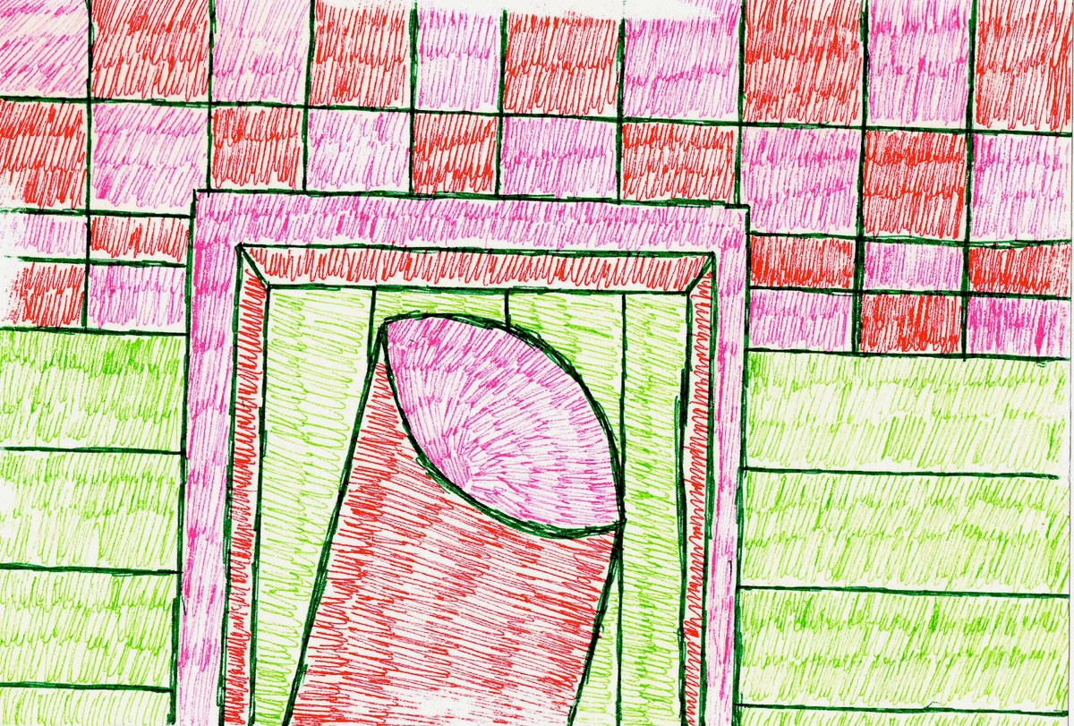 An abstract geometric artwork with a checkered pattern and bold lines, reflecting design principles found in architectural movements.