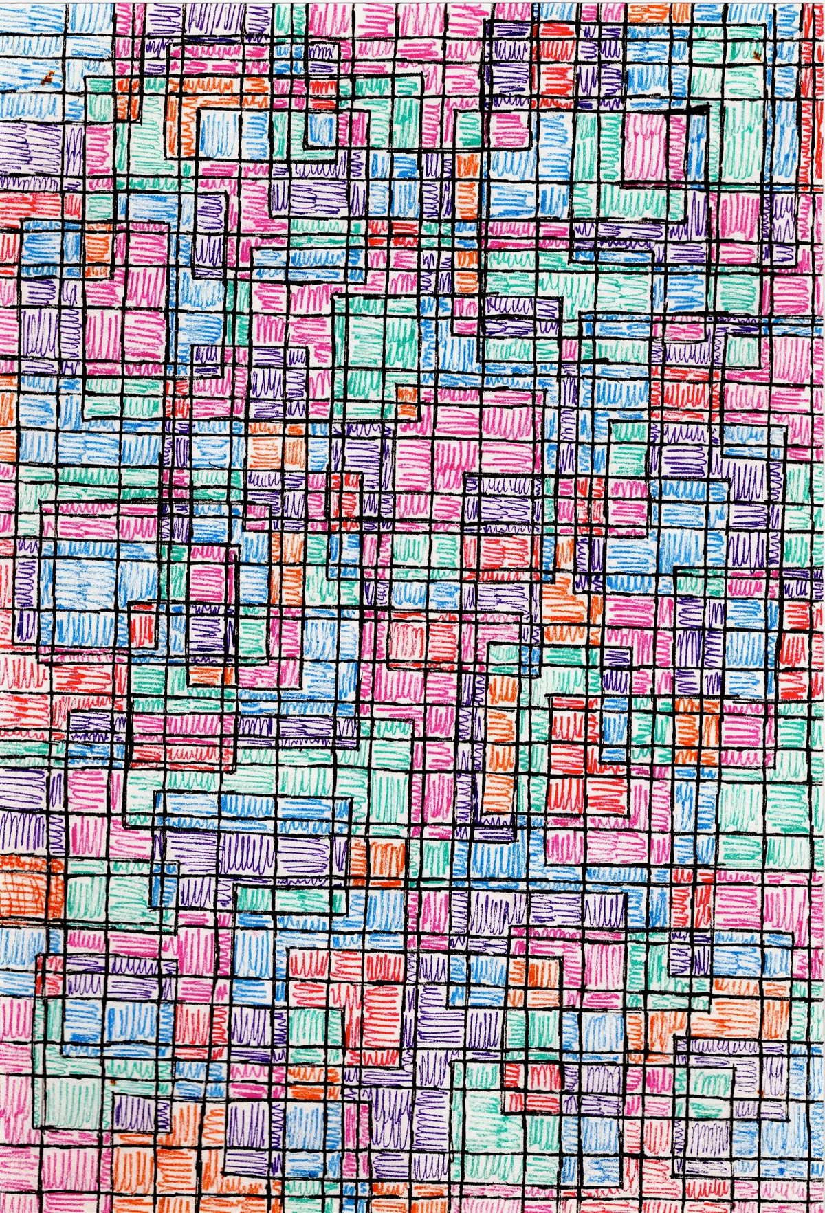 Abstract geometric artwork with colorful lines and patterns.