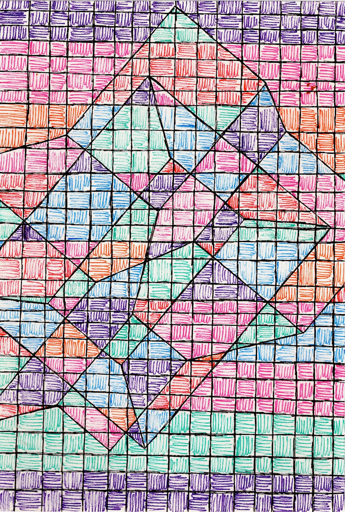 Geometric abstract painting with colorful grid, lines, triangles, squares in purple, pink, red, orange, blue, and green, reflecting ordered composition.