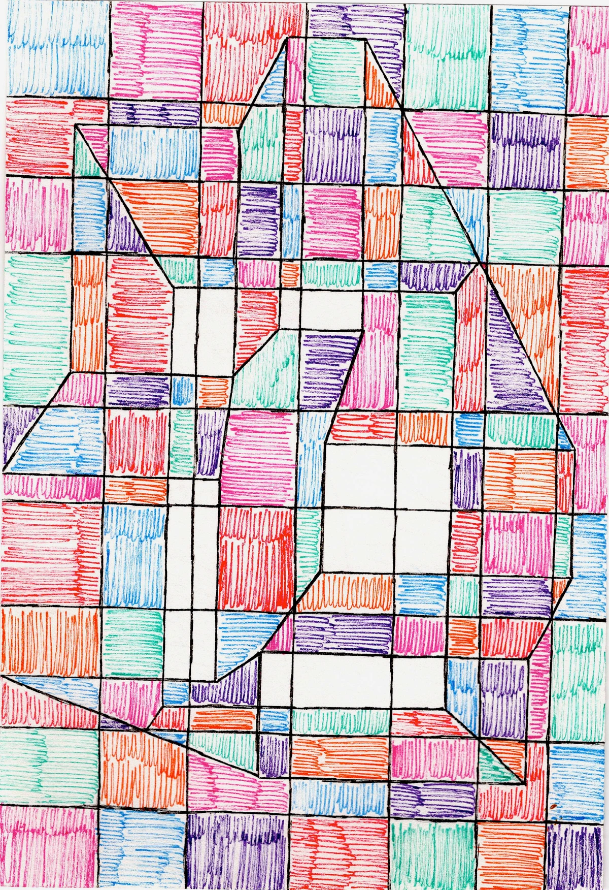 Abstract geometric artwork with colorful grid patterns and scribbles.