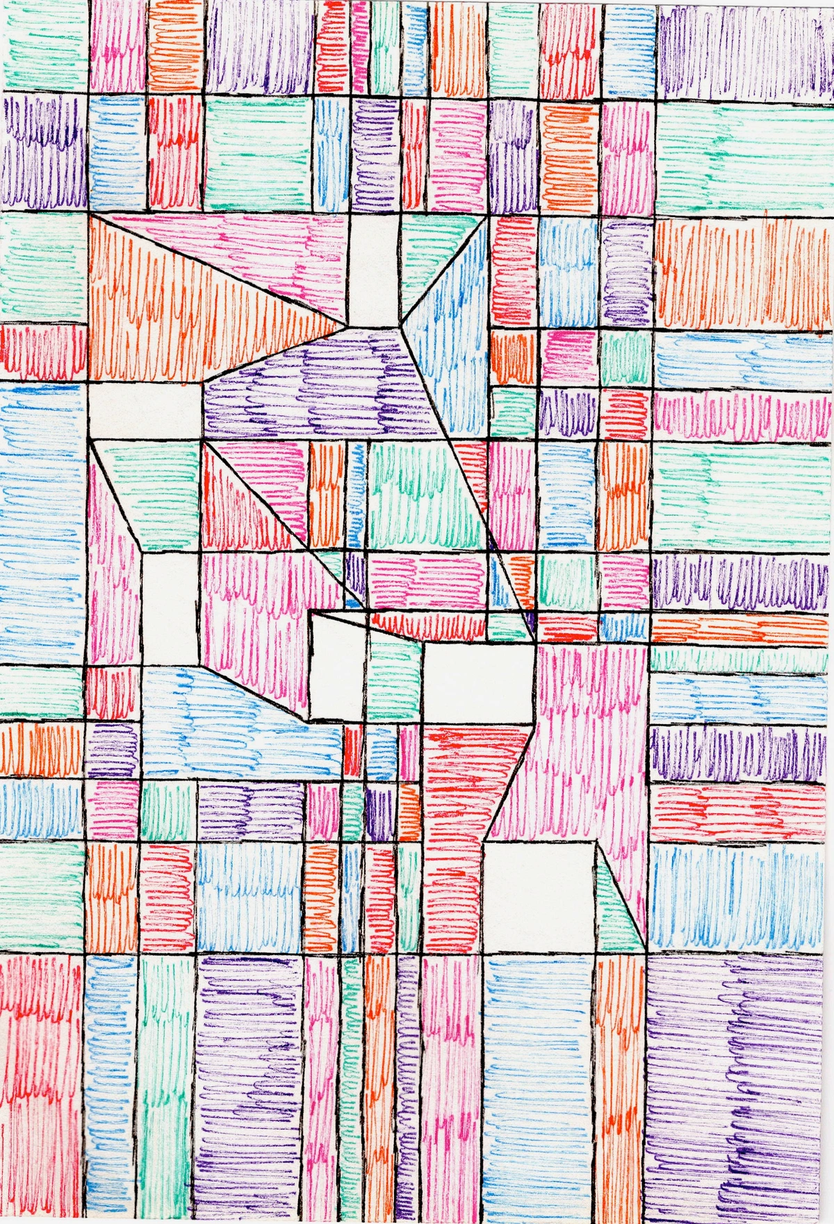 Abstract geometric art with hand-drawn elements, featuring overlapping shapes and bold lines in various colors.
