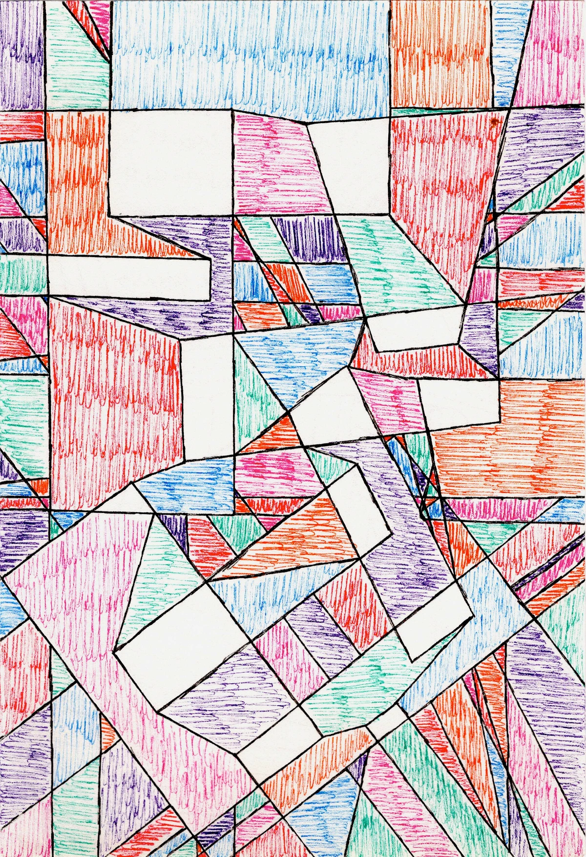 Geometric abstract artwork with colorful lines, shapes, modern art, cubism, fragmented, overlapping, bold outlines