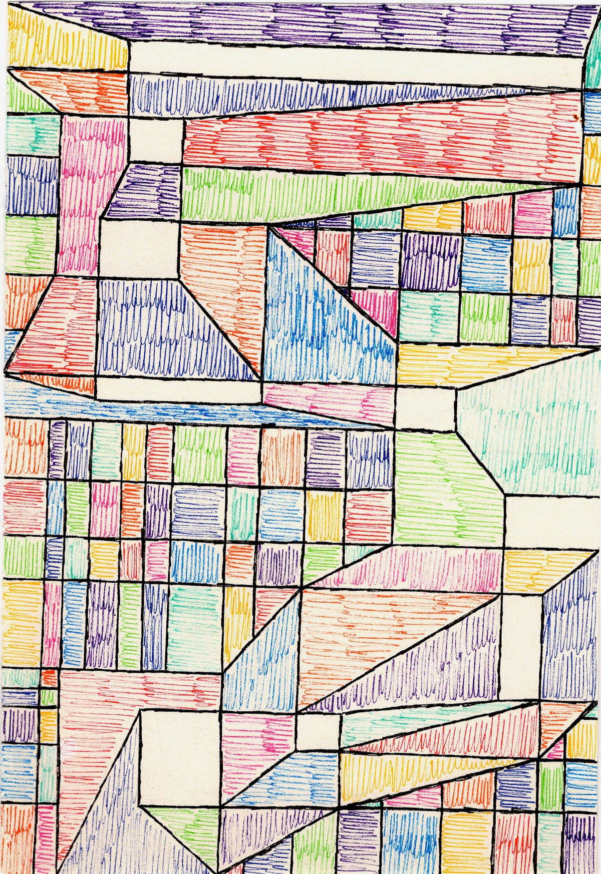 A vibrant geometric abstract painting with bold black lines and colorful fills, showcasing how diverse textures created with gesso can influence the final artwork.