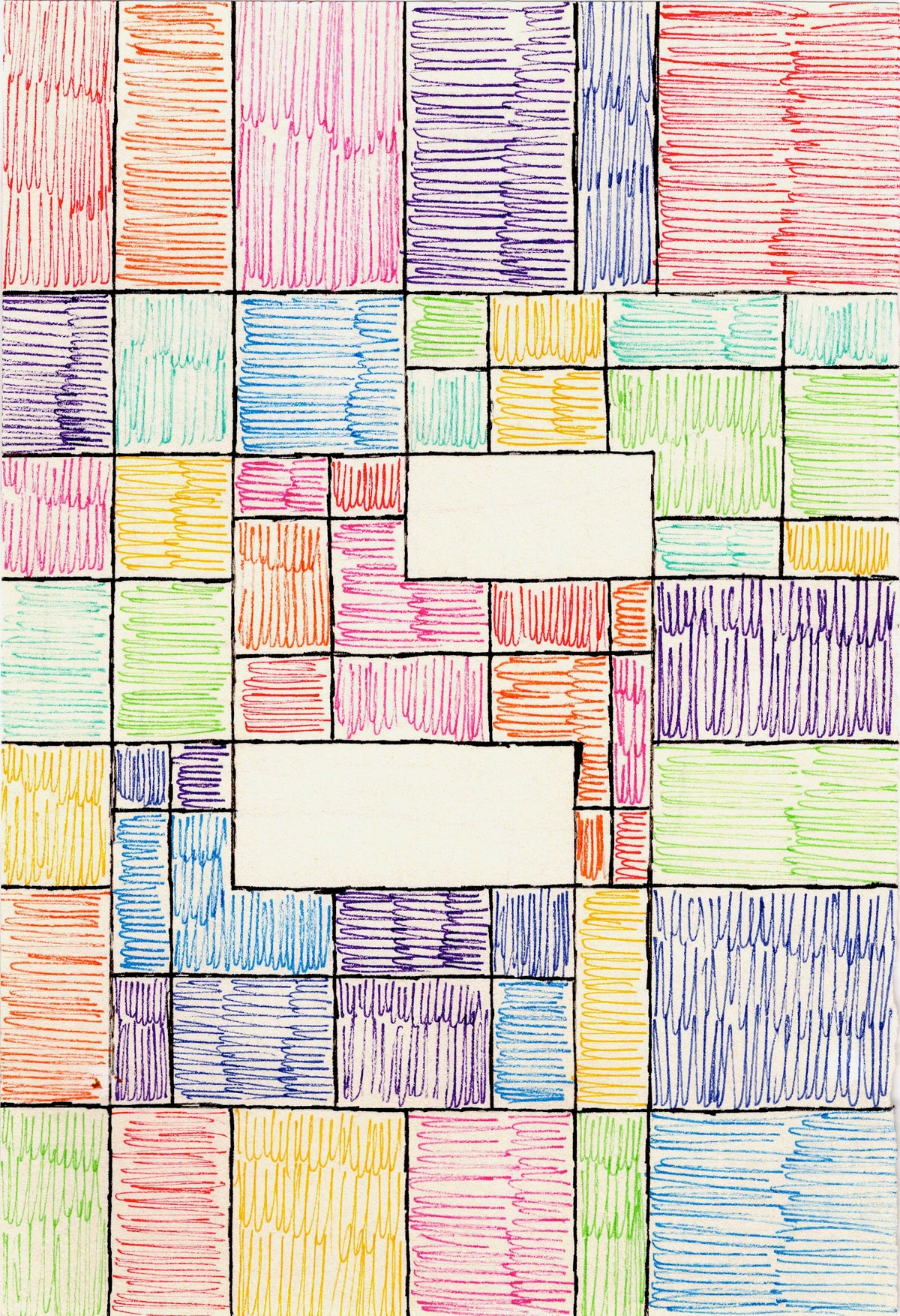 geometric, abstract, colorful, scribbled, rectangles, squares, red, orange, pink, purple, blue, green, yellow, white, playful, imperfect, handmade