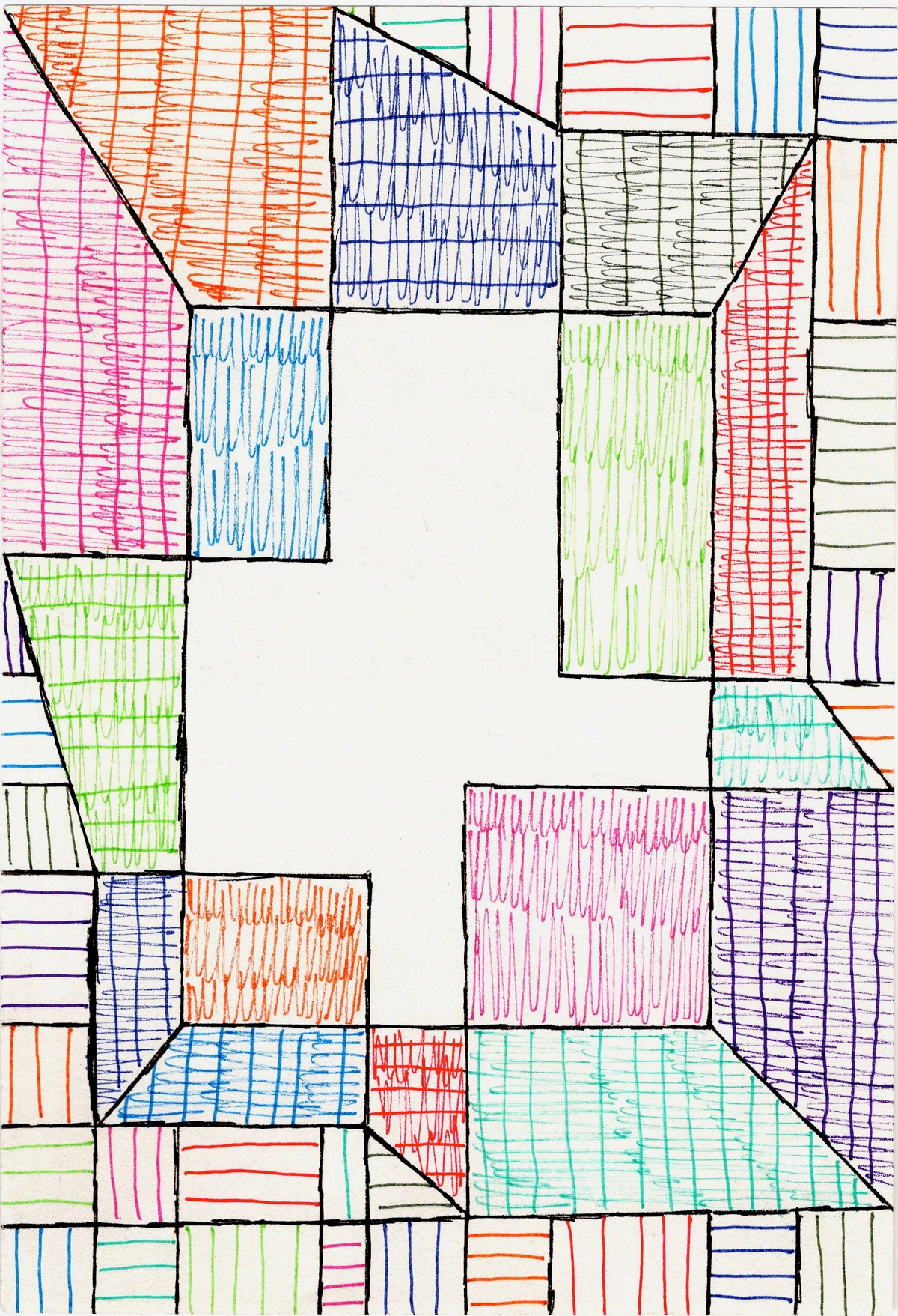 Geometric abstract art with colorful lines, shapes, and patterns, suggesting change and transition.