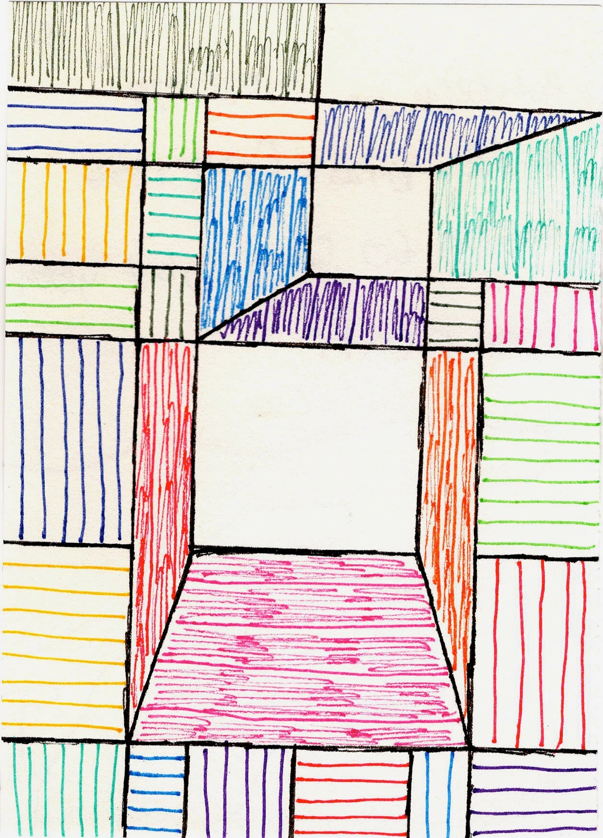 Geometric, abstract, colorful, lines, squares, rectangles, perspective, 3D illusion, bold colors, primary colors, secondary colors, black outlines, playful, modern art, cubism-inspired, optical illusion