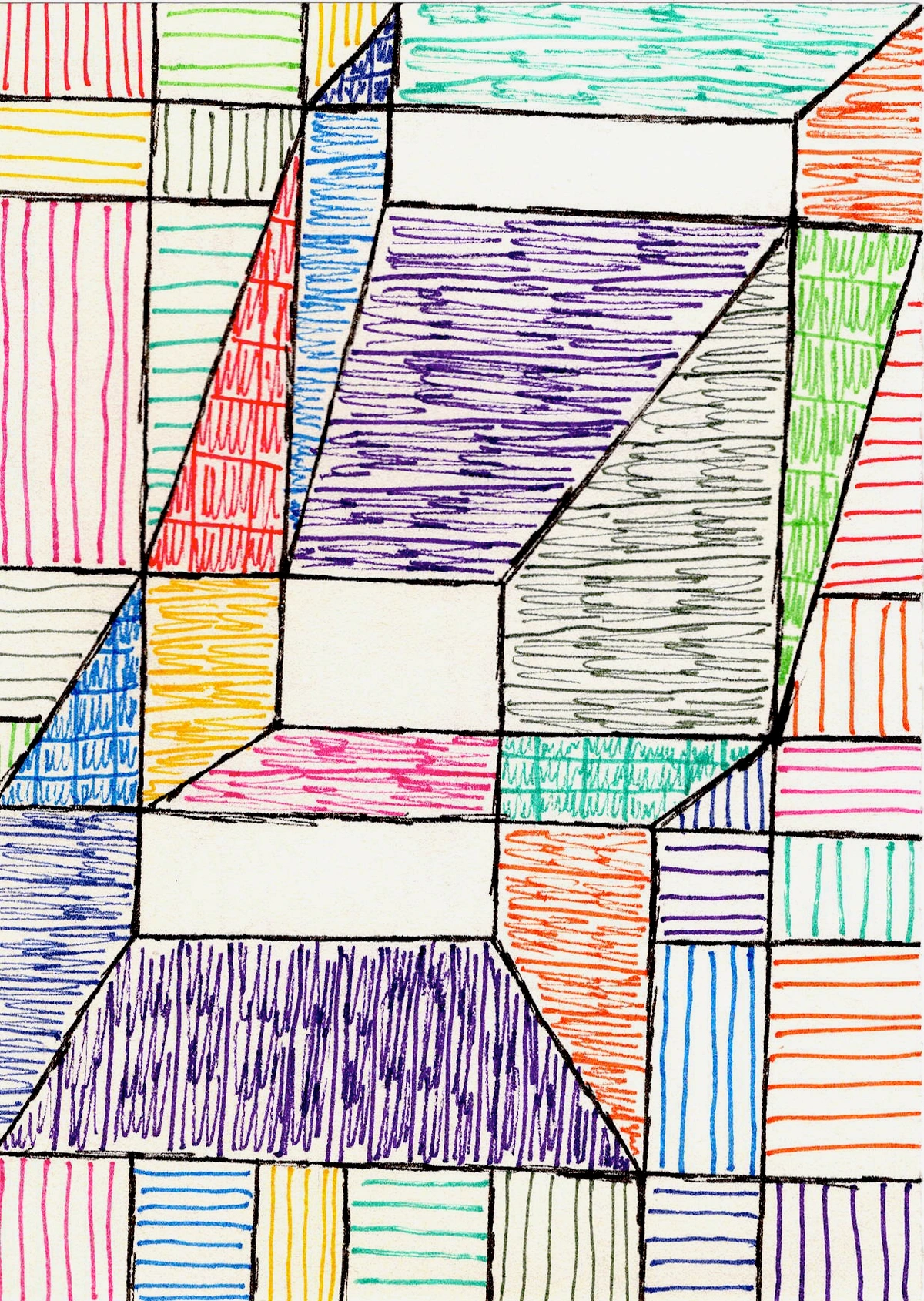 geometrisch, abstract, kleurrijk, kubisme, optische illusie, gedessineerd, gedurfde lijnen, levendig, speels, moderne kunst