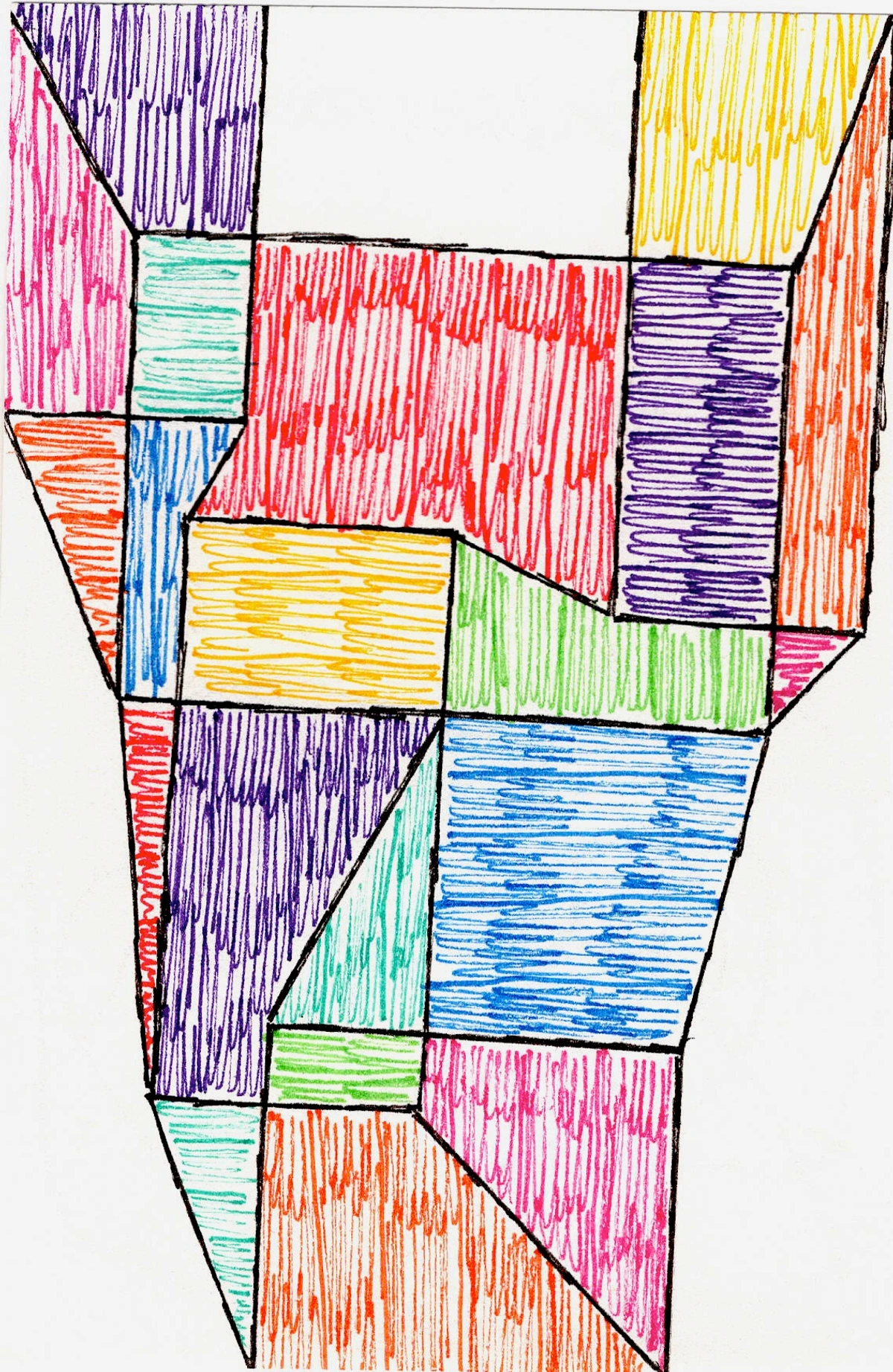 Abstract geometrisch, kleurrijk, gefragmenteerd, directioneel, vragend, onzeker, toekomst, pad, verkenning