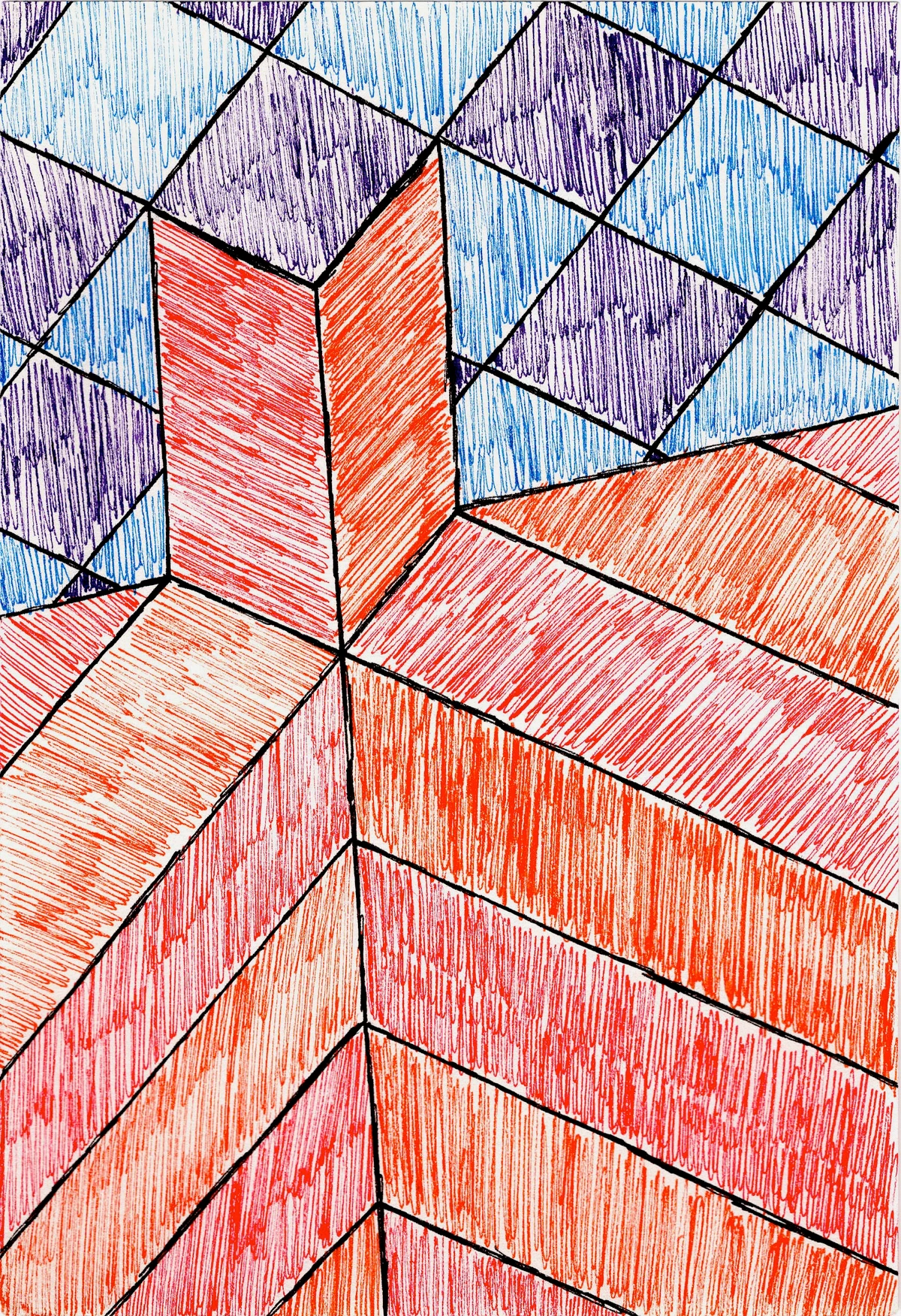 Geometric abstract art in a cubist style, creating an optical illusion with tessellation, shading, and dimensional perspective.