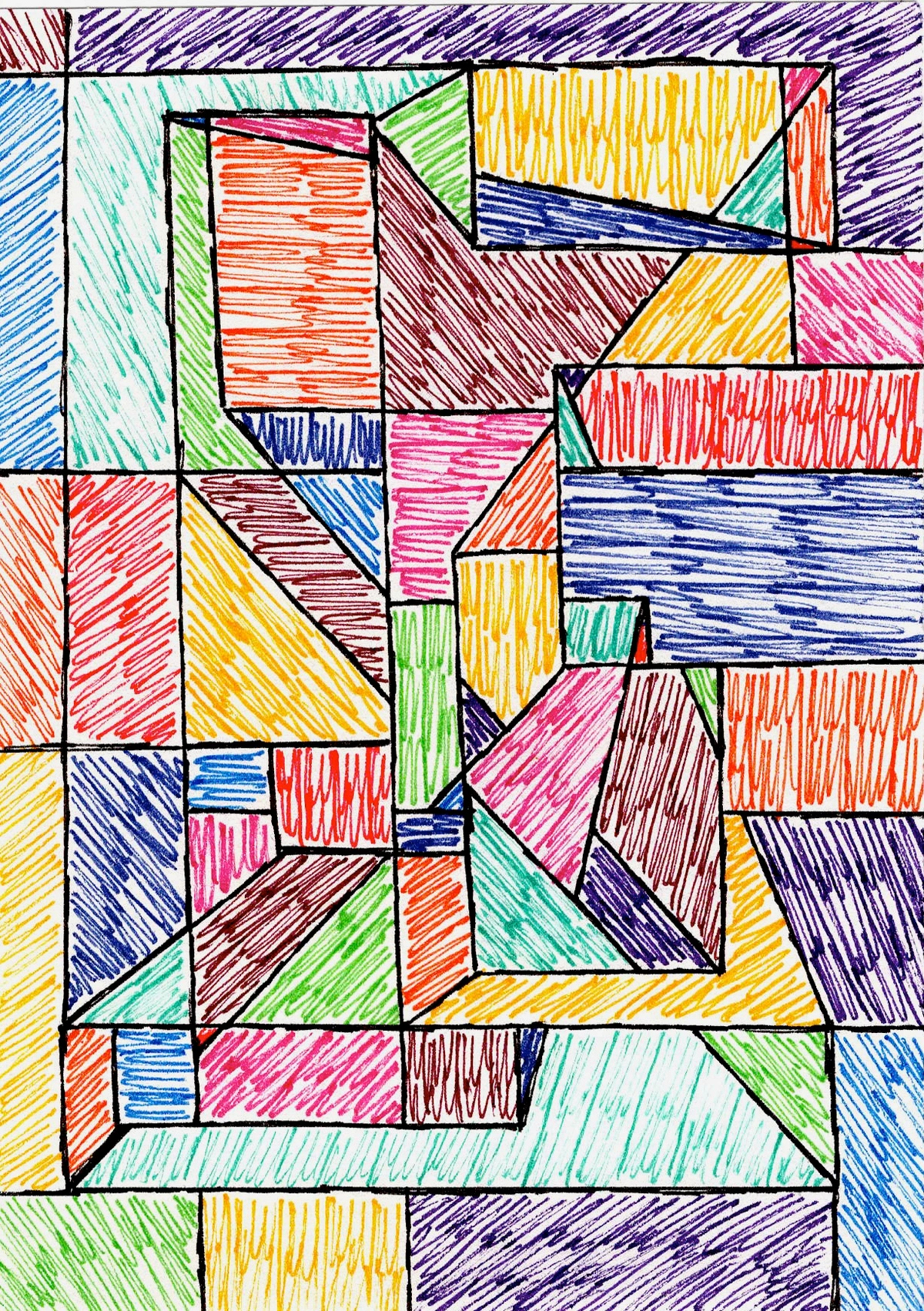 geometric, abstract, colorful, bold lines, stained glass, mosaic, cubist, modern art, vibrant, angular, fragmented, patterned, textured, playful, energetic, dynamic, intersecting shapes, primary colors, secondary colors, red, blue, yellow, green, purple, orange, pink, teal, white background