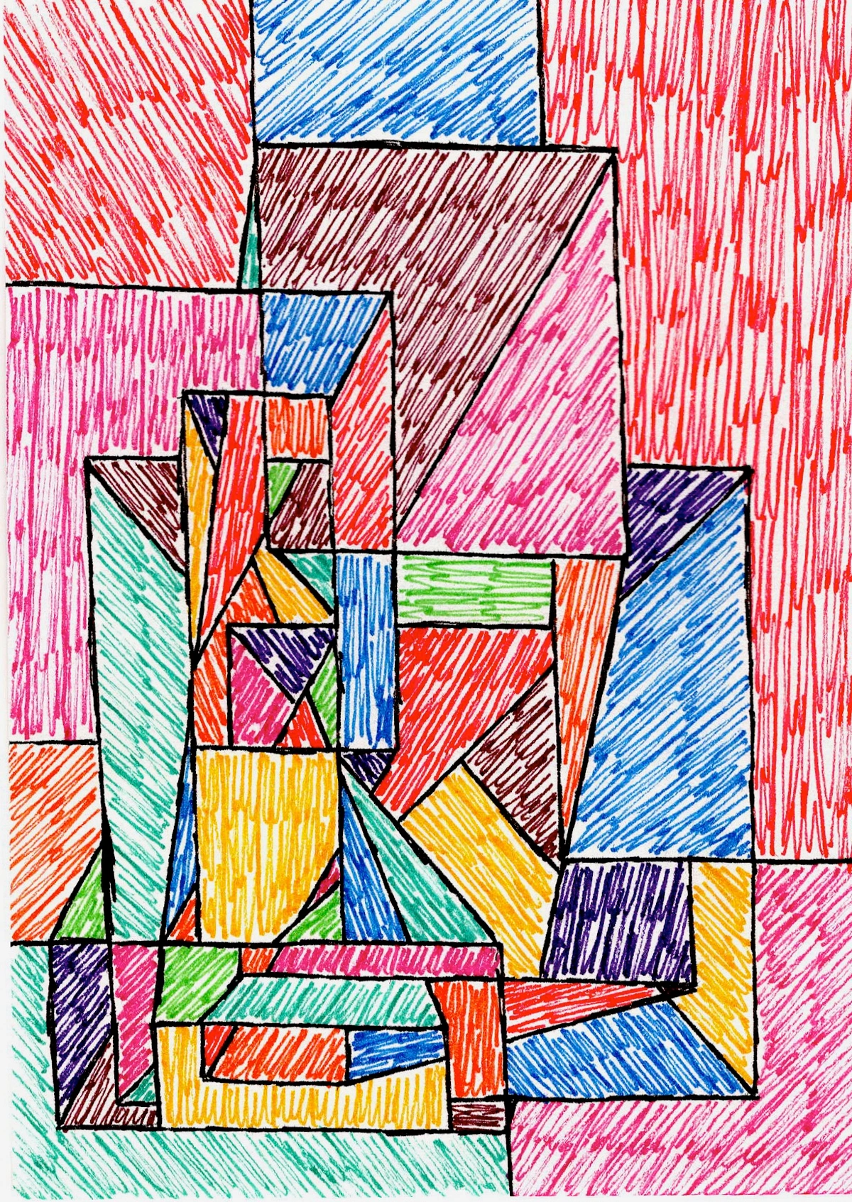 Abstract geometric artwork with colorful lines and patterns.