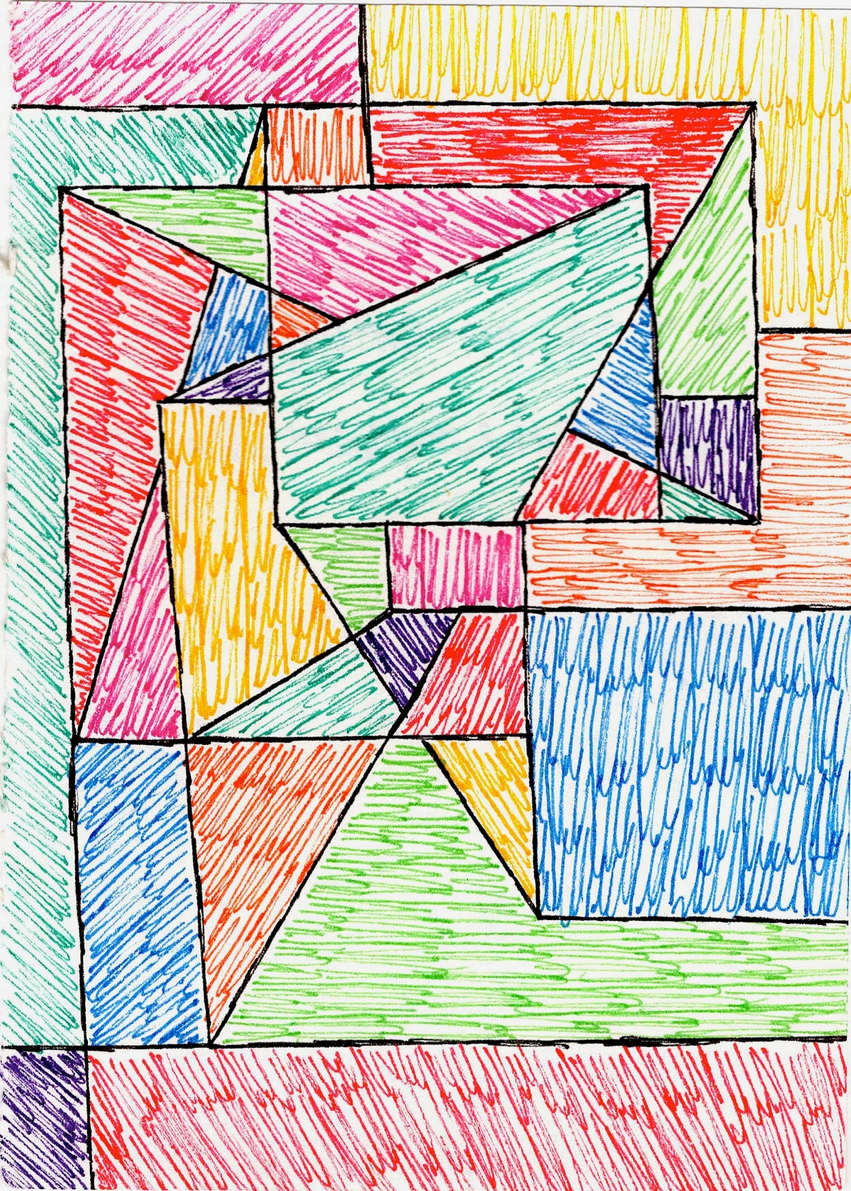 Geometric abstract painting with bold lines and vibrant colors including red, blue, green, yellow, pink, purple, and orange, showcasing a dynamic composition.