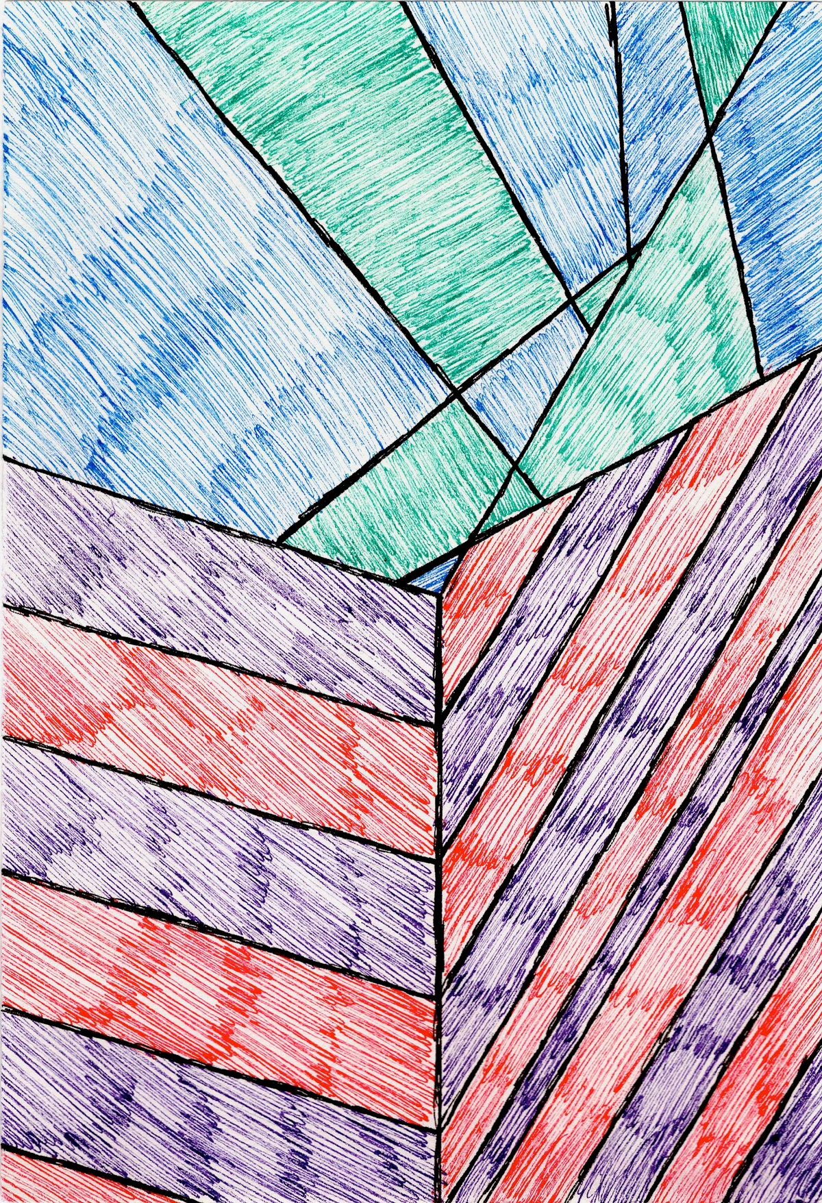 Abstract painting with geometric tree, blue, green, purple, and red lines and patterns