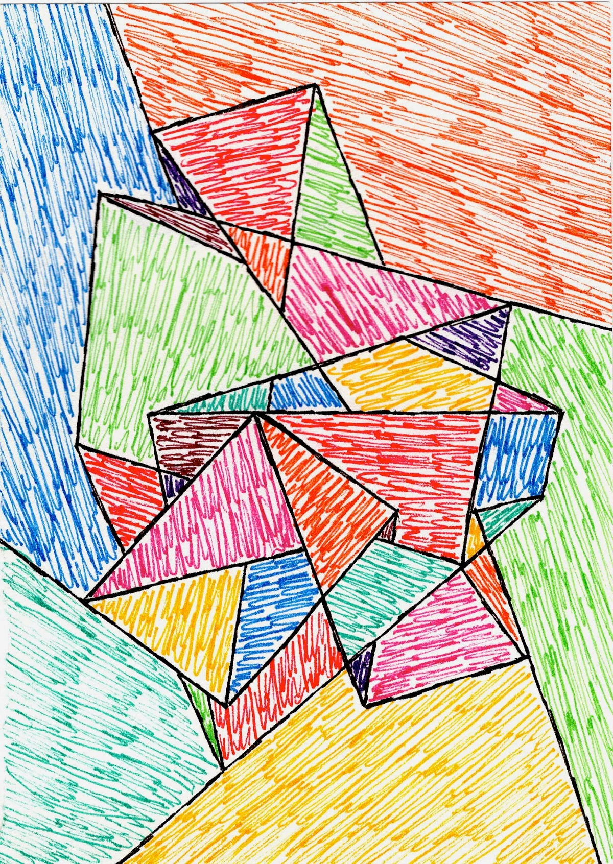 geometric, abstract, colorful, overlapping shapes, triangles, scribbled, bold lines, vibrant, dynamic, modern art, art brut, outsider art