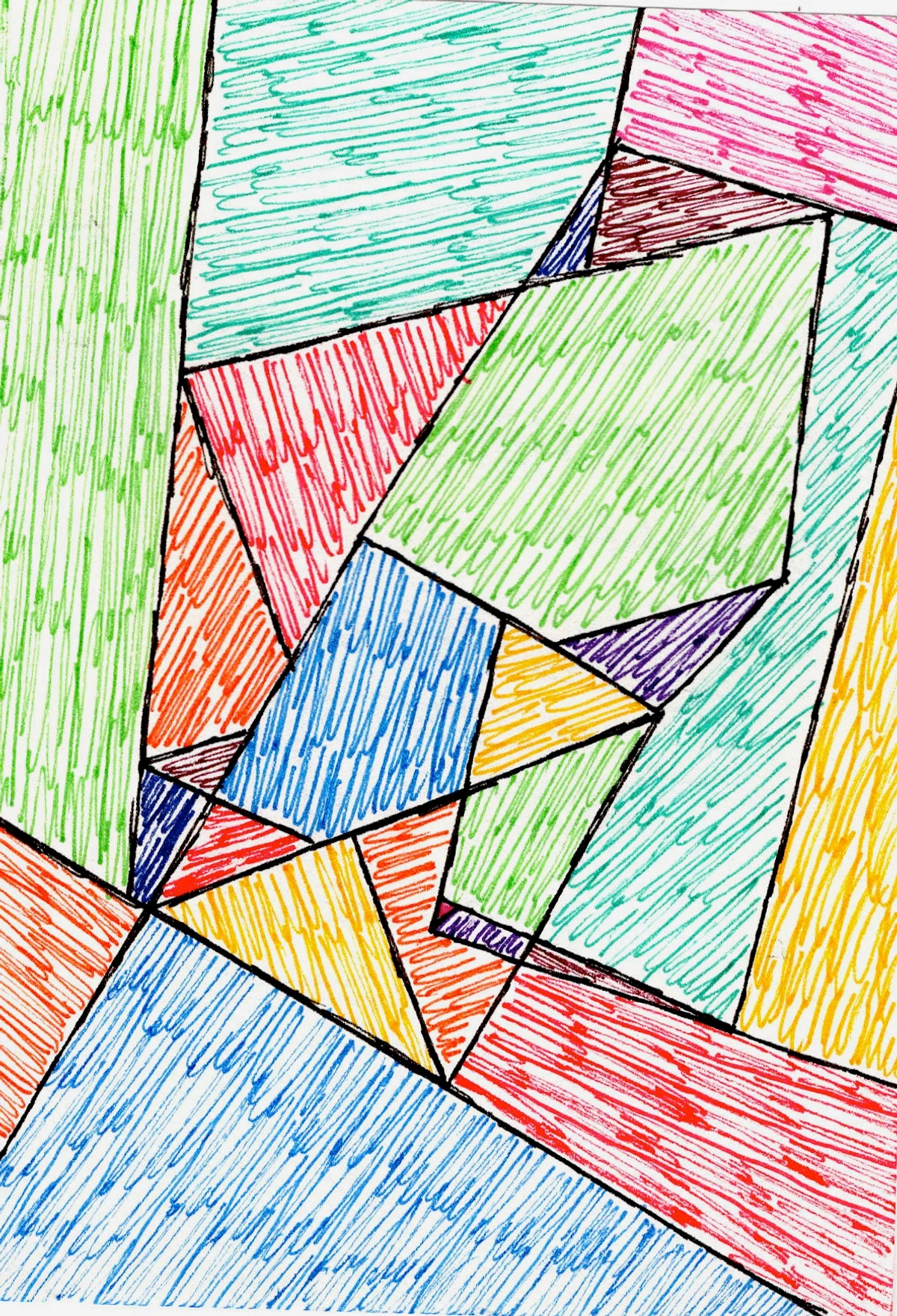 Geometric, abstract, colorful composition with lines, shapes, modern art, bold colors, intersecting lines, vibrant, dynamic.