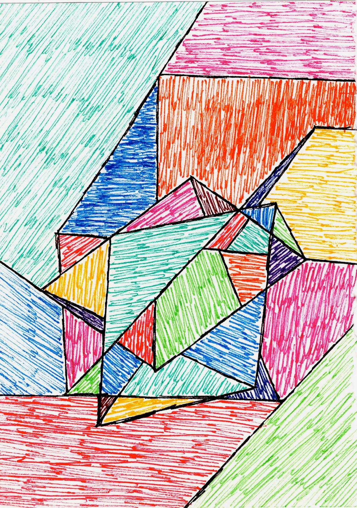Energetic abstract painting with fragmented geometric shapes, bold lines, and a vibrant, textured composition.