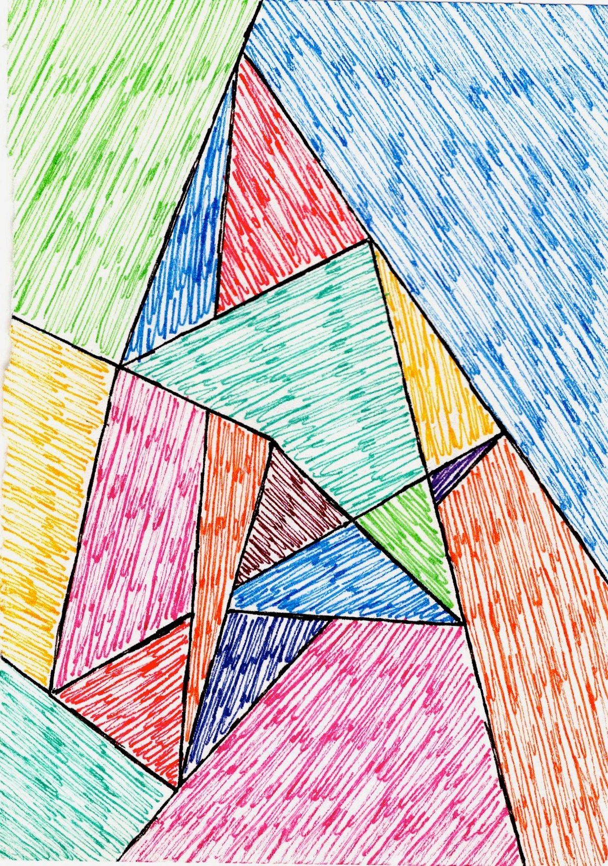 Abstract geometrisch schilderij met gefragmenteerde, getextureerde lijnen en driehoeken in groen, blauw, rood, roze, oranje en geel, hintend naar creatieve verkenning of blokkade.