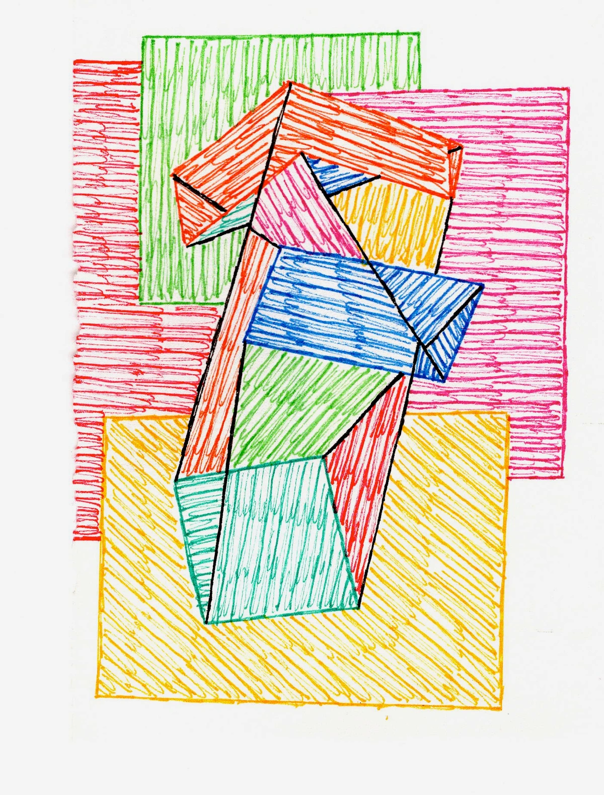 A vibrant, abstract painting composed of intersecting geometric shapes in red, green, blue, yellow, pink, and orange, reminiscent of Cubist art.