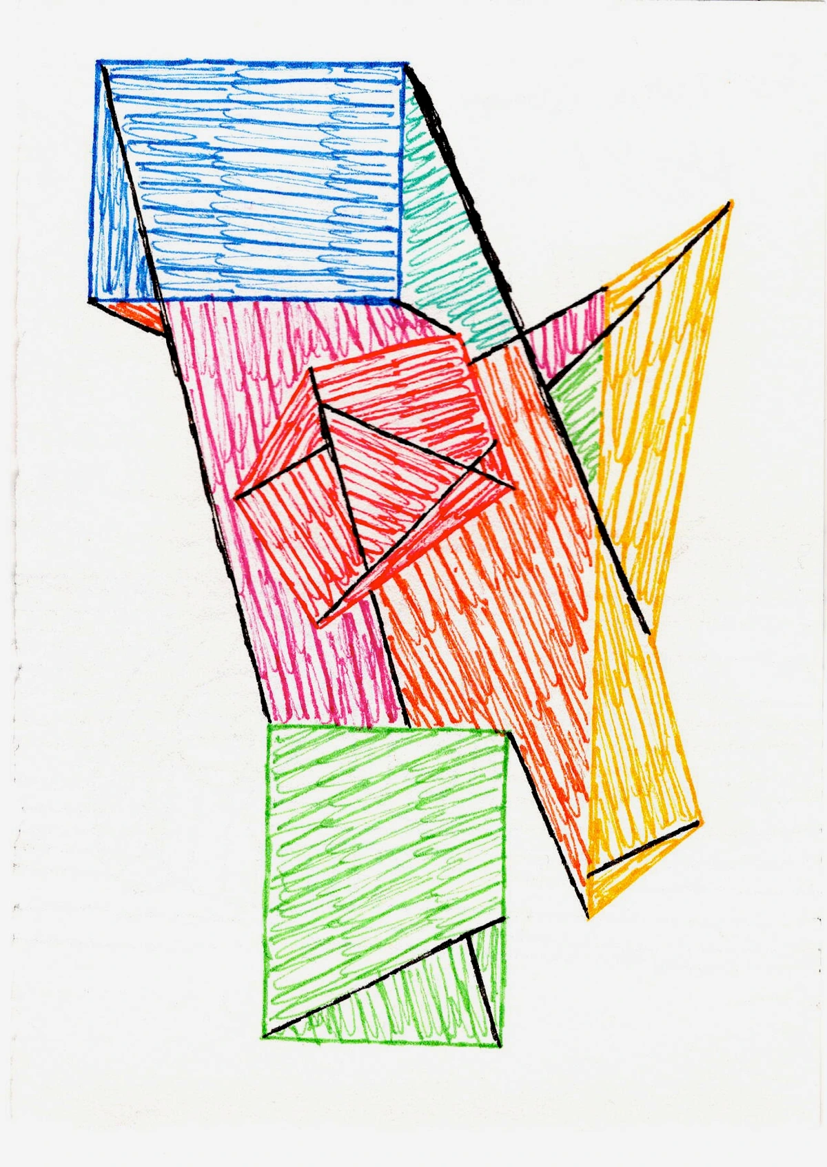 Geometric, abstract, colorful composition with blue, pink, red, orange, yellow, green lines and shapes, modern art, cubism, fragmented, overlapping, bold outlines.