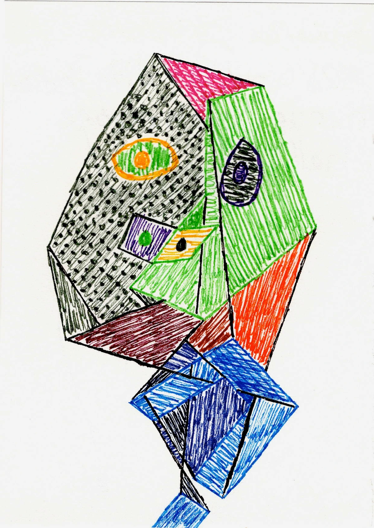abstract, cubism, geometric, colorful, surreal, face, eye, green, red, blue, black, pink, orange, purple, brown, drawing, illustration