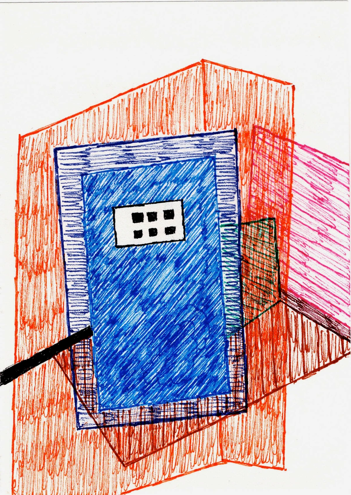 abstract, geometric, blue, red, pink, window, building, cool, heat, enjoyment, passage of time