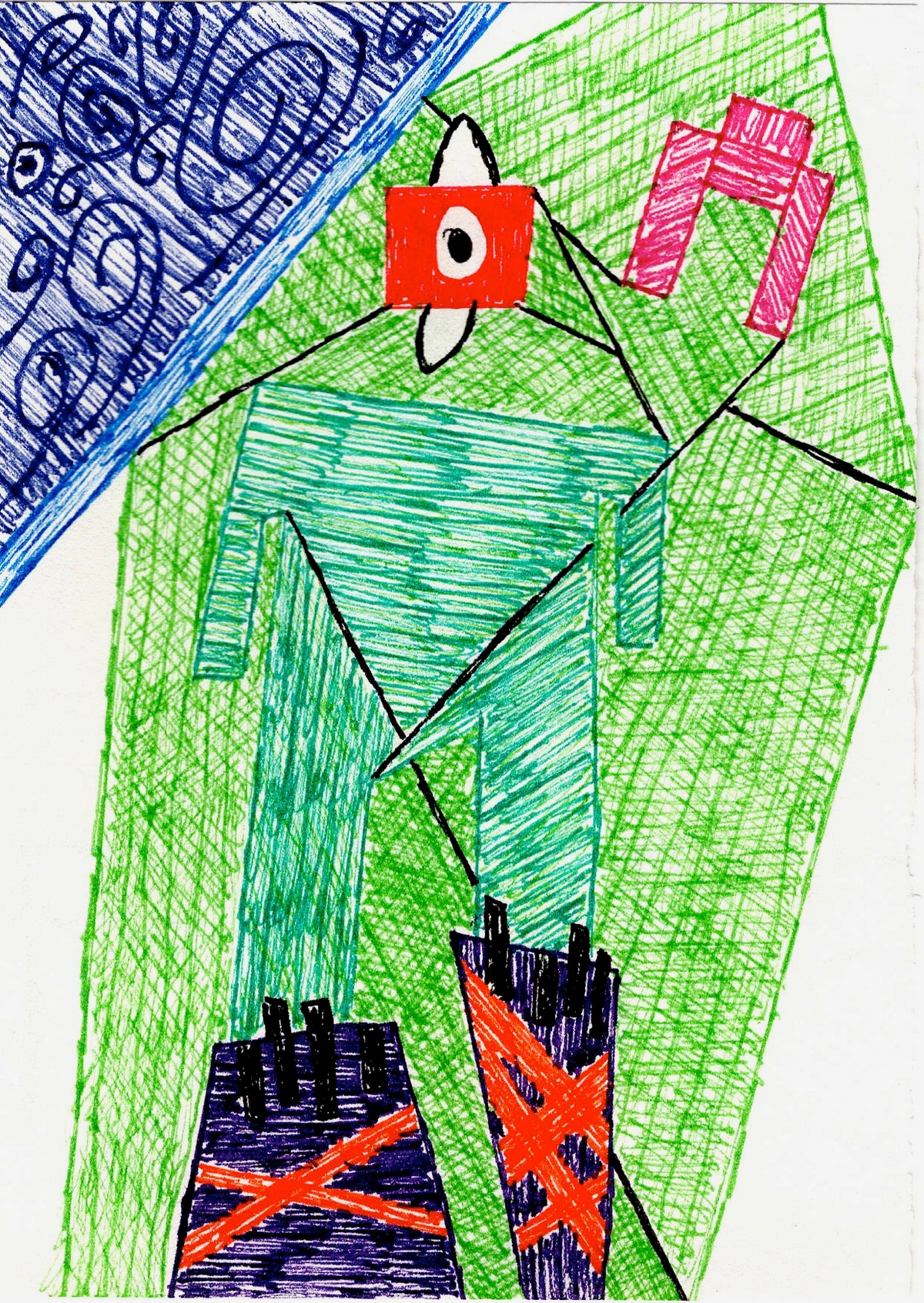 A shadow, ugly man, figure, abstract, dark, distorted, unsettling, monochrome, geometric, surreal art piece.