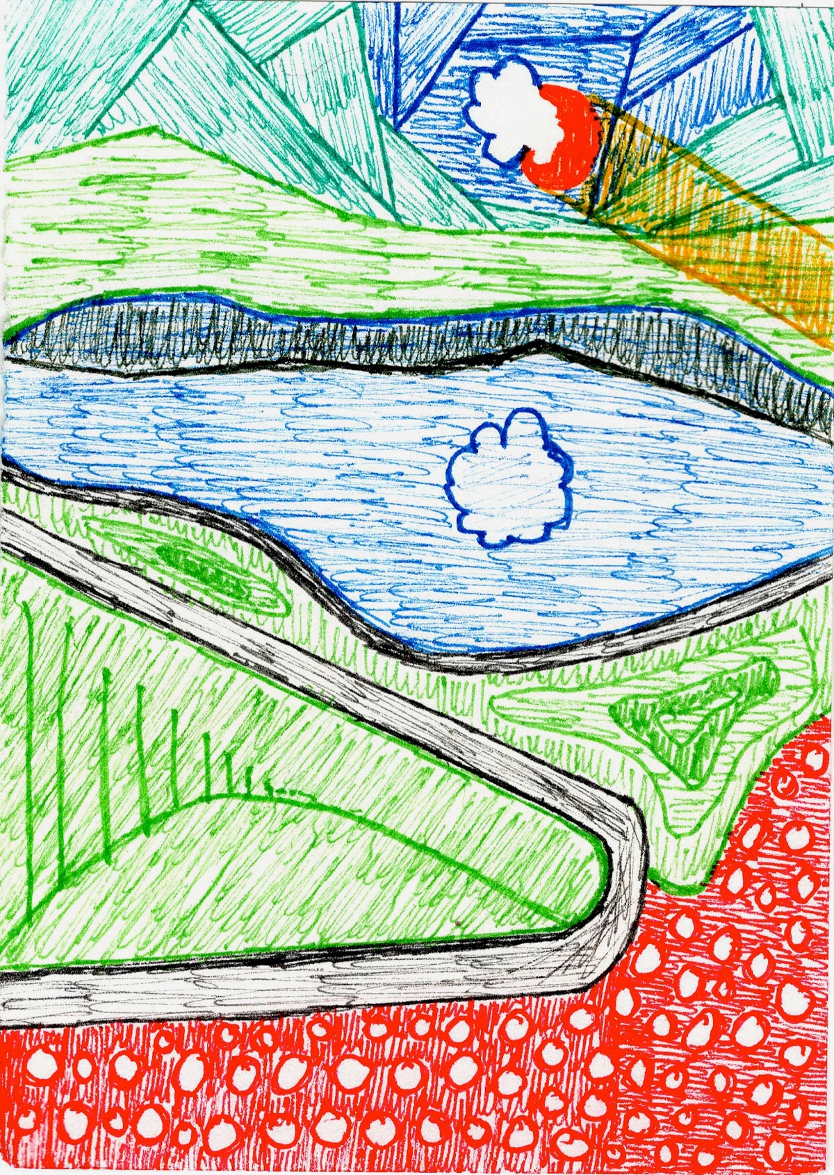 invasion, conflict, disruption, loss of peace, abstract landscape, geometric shapes, vibrant colors, red, green, blue, road, water, mountains, sky, abstract elements, surreal, unsettling, dramatic