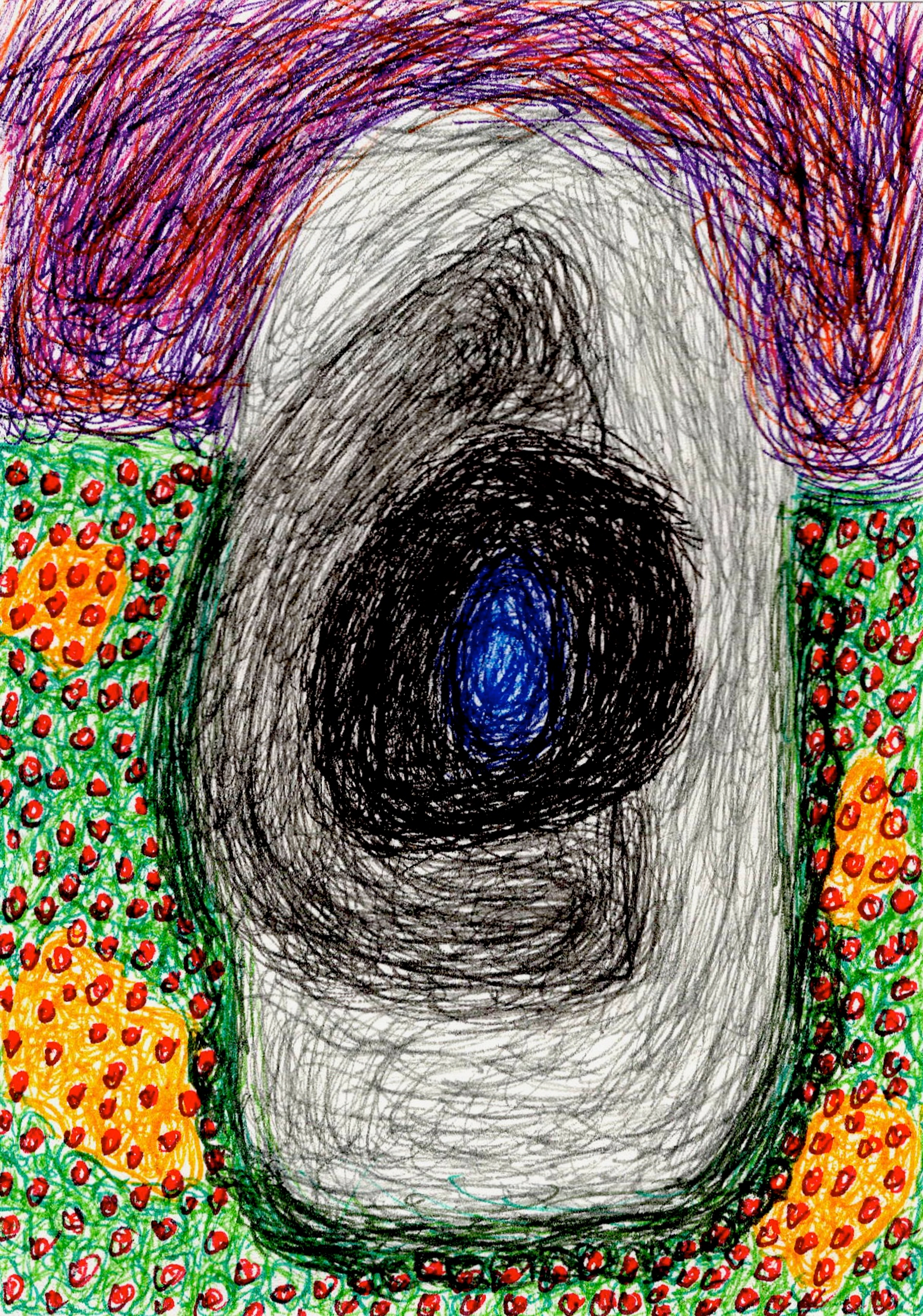 A dark, outside, enclosed, abstract, swirling, black, blue, gray, red, purple, green art piece with red dots and orange shapes.