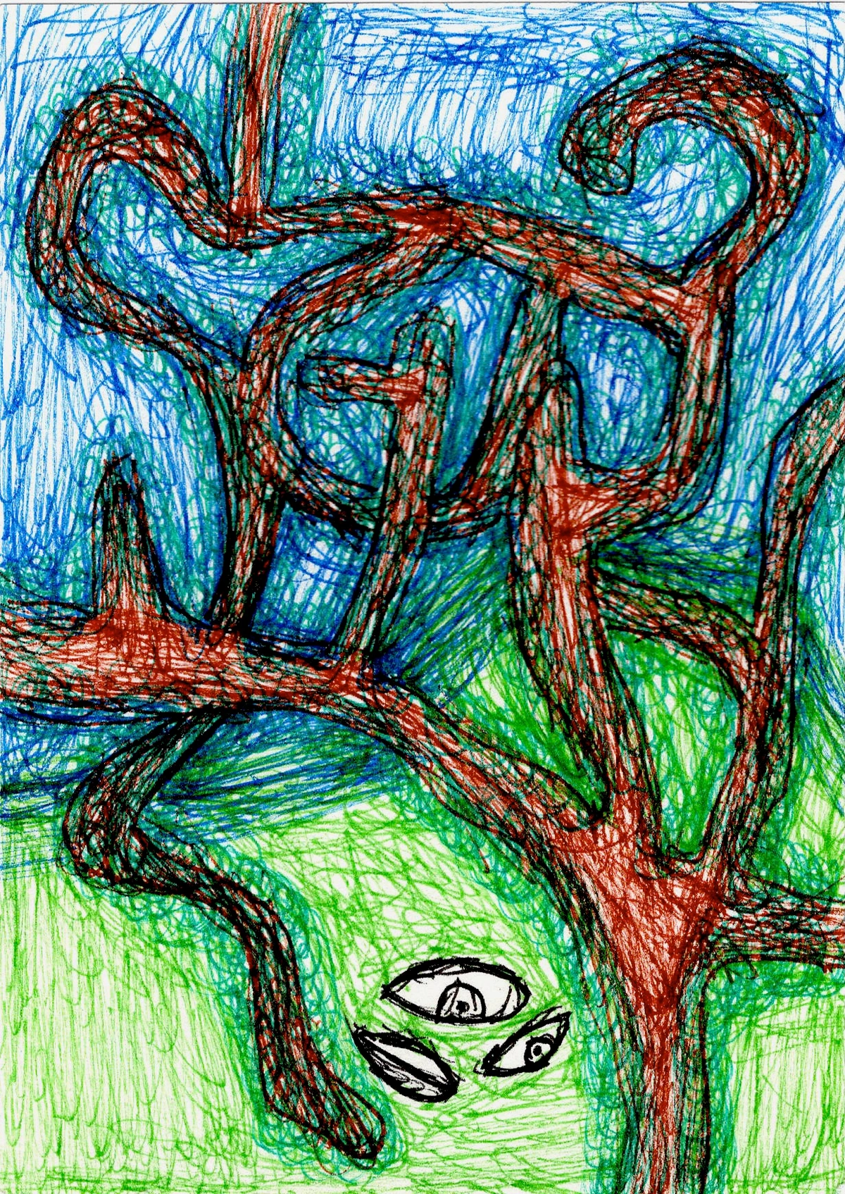 tree, nature, acceptance, futility, comparison, self-worth, organic, branches, roots, eyes, surreal, abstract, green, blue, red, textured / árbol, naturaleza, aceptación, futilidad, comparación, autoestima, orgánico, ramas, raíces, ojos, surrealista, abstracto, verde, azul, rojo, texturizado