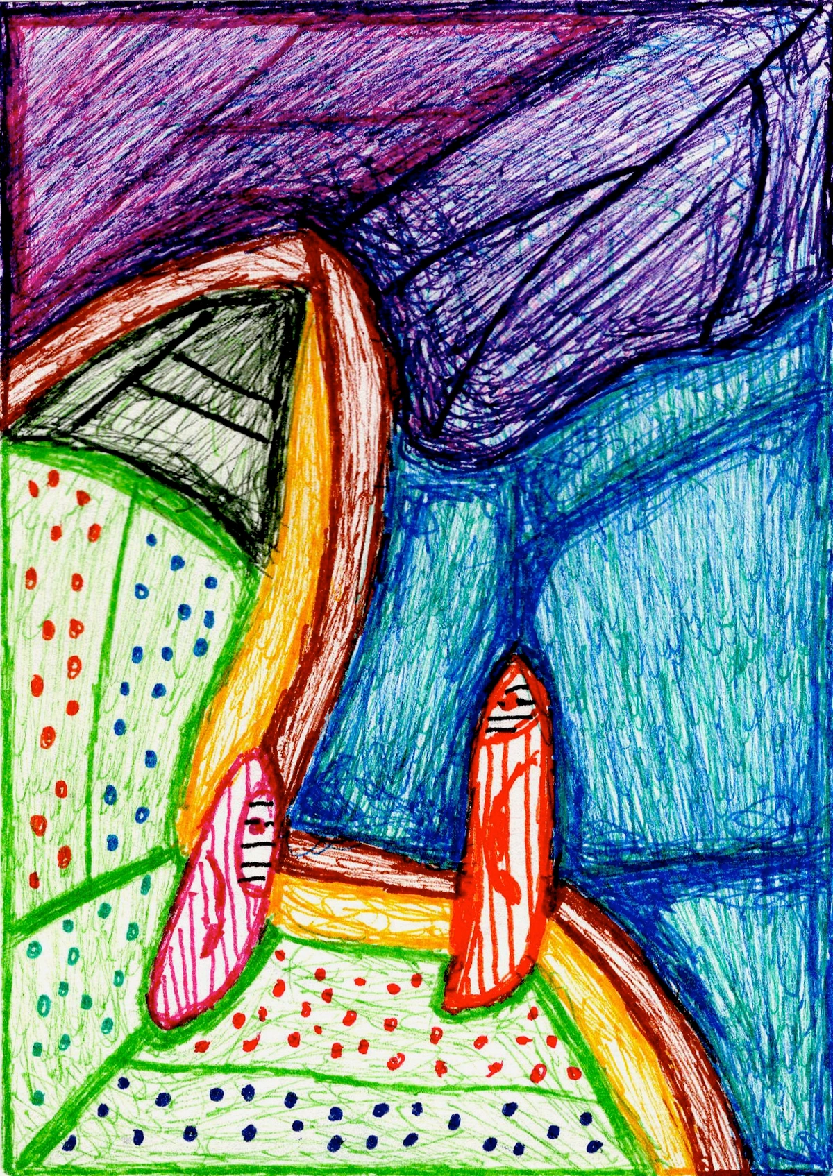 New humans, human activities, abstract, colorful, surreal, organic shapes, geometric patterns, red, blue, green, purple, orange, dots, stripes / Nuevos humanos, actividades humanas, abstracto, colorido, surrealista, formas orgánicas, patrones orgánicas, rojo, azul, verde, morado, naranja, puntos, rayas