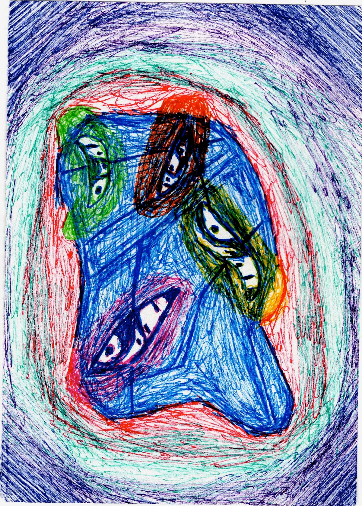 Cubist portrait with distorted face and multiple eyes in blue, red, green, and purple. | Kubistisch portret met vervormd gezicht en meerdere ogen in blauw, rood, groen en paars.