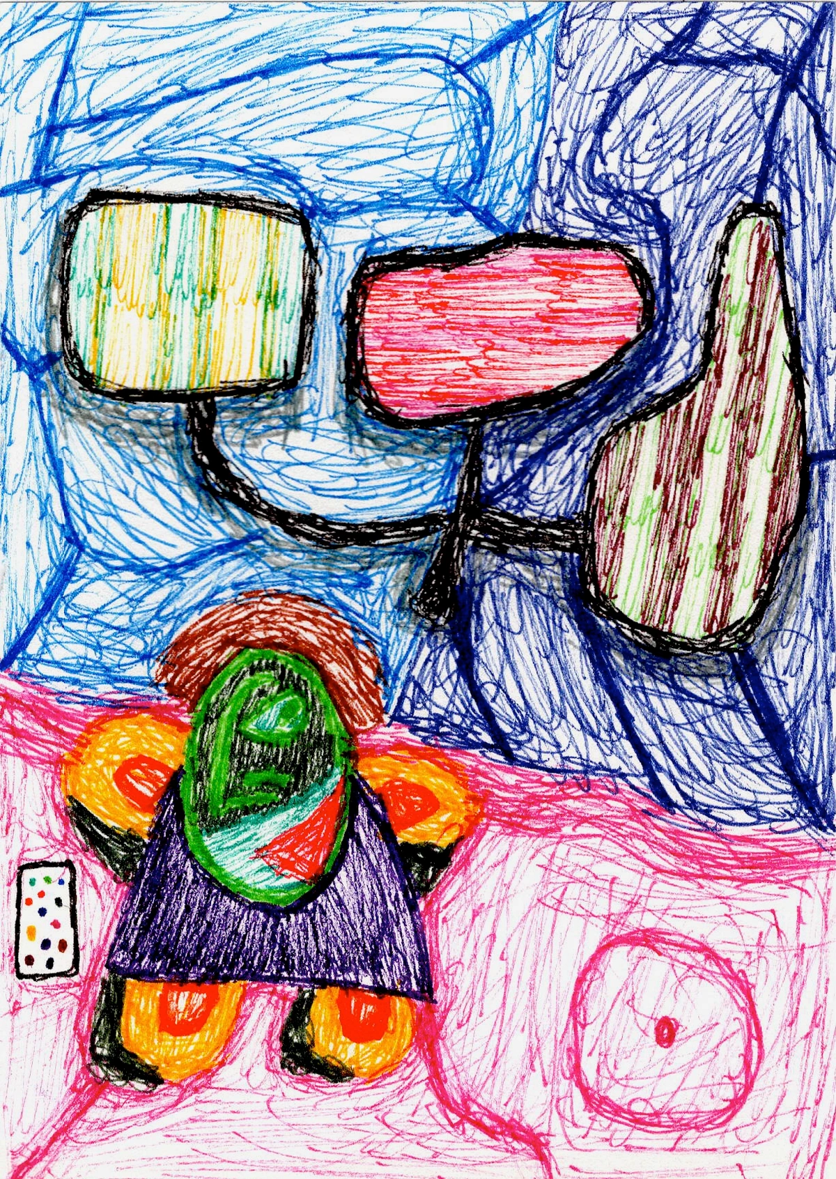 overconsumption, scrolling, digital addiction, technology, media, social media, distraction, modern life, consumerism, screen time, blue, pink, green, yellow, red, abstract, surreal, bold lines, childlike, naive art, dominoes