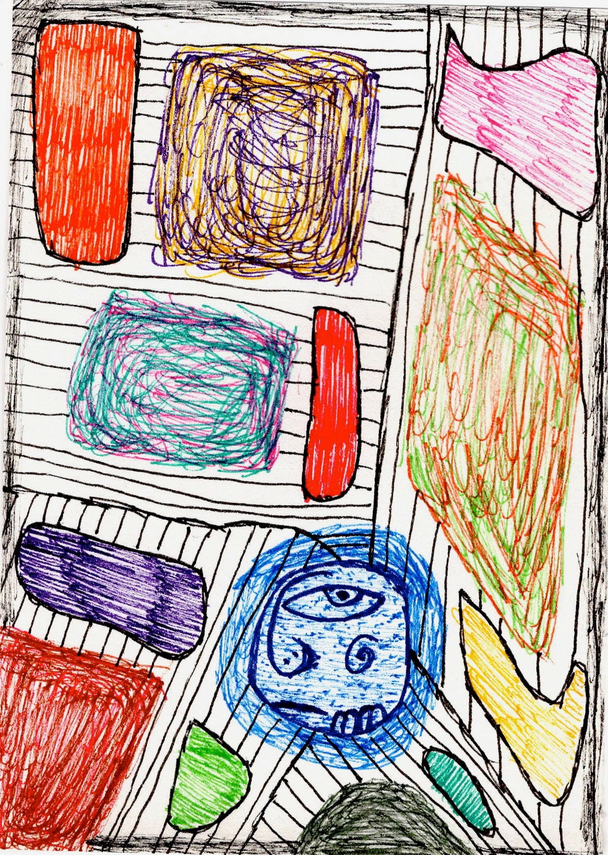boredom, abstract, colorful, geometric shapes, face, lines, scribbles, red, purple, yellow, green, blue, pink, orange, dark, playful, chaotic