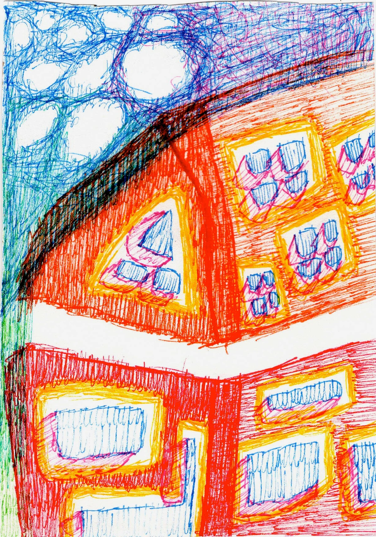 An intricate drawing of houses in vibrant primary colors with abstract, bold lines and geometric patterns, reflecting a unique artistic style.