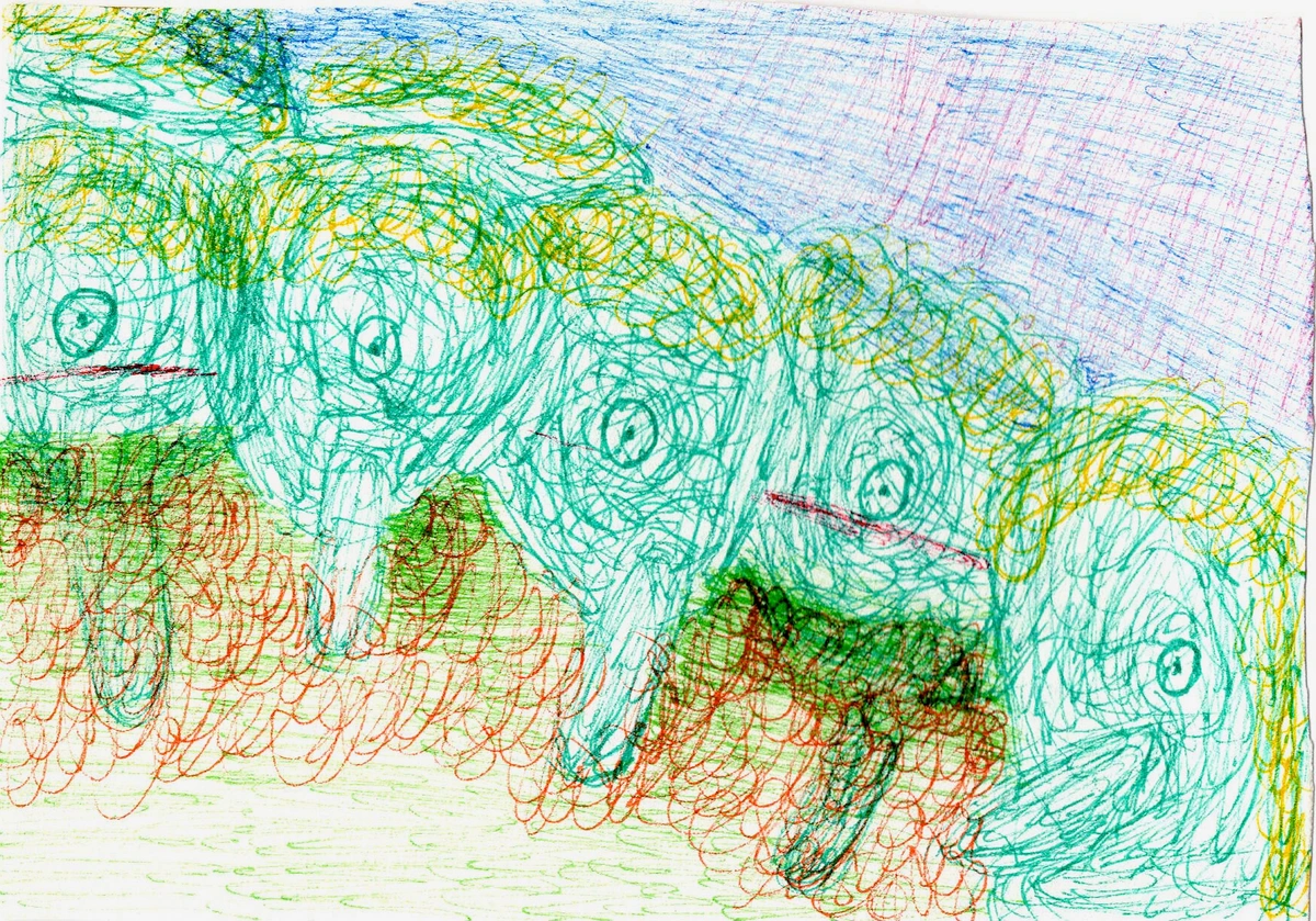 nature, drawing, generic, abstract, green, yellow, red, blue, scribbled, textured, organic shapes, eyes, abstract figures, landscape