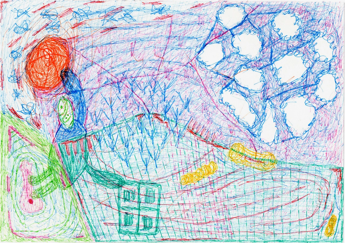 museum visit, inspiration, abstract, colorful, energetic, scribbled, childlike, outdoor scene, figures, abstract shapes, red, blue, green, yellow, pink