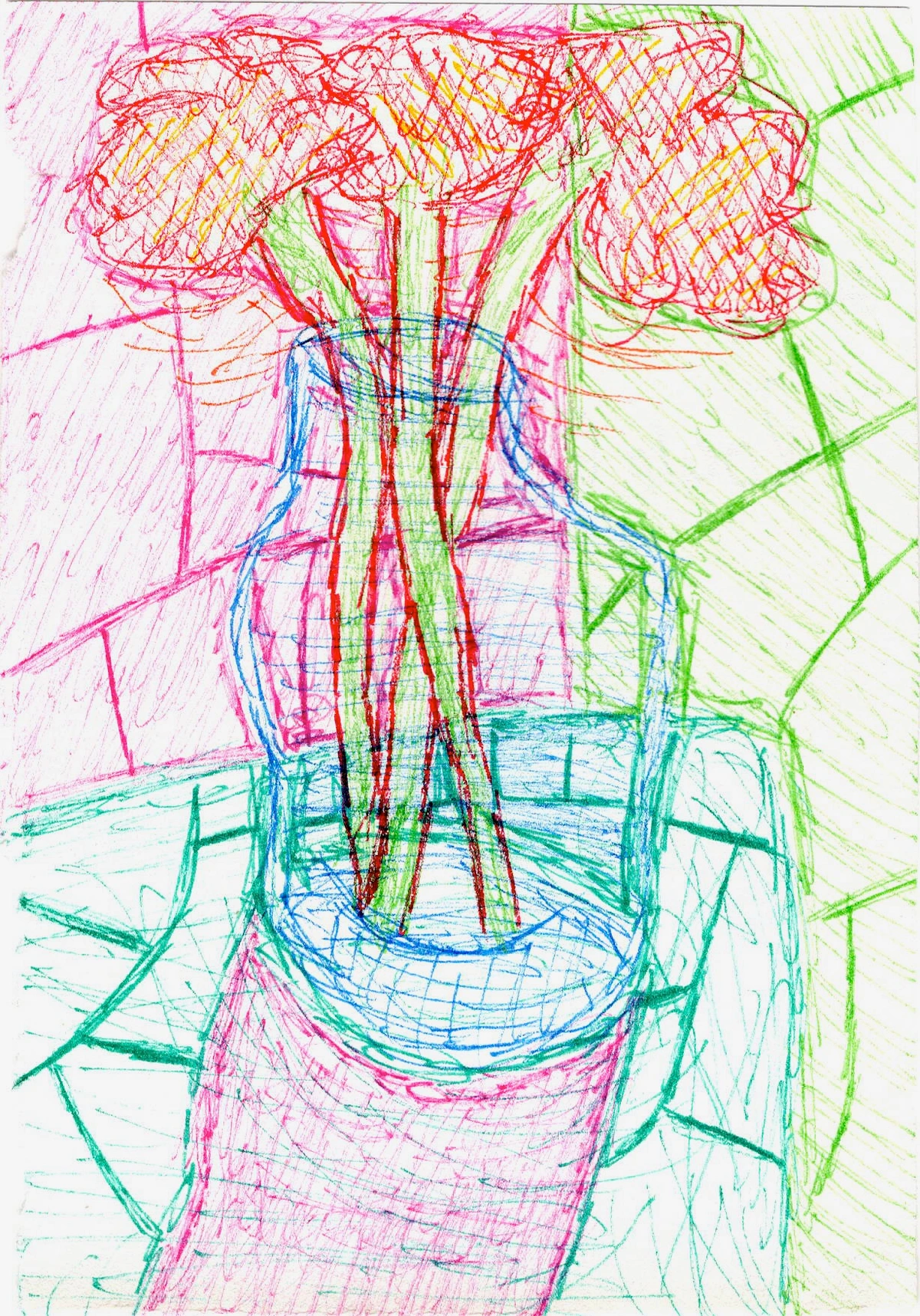 Abstract painting of stylized, colorful flowers in a vase.