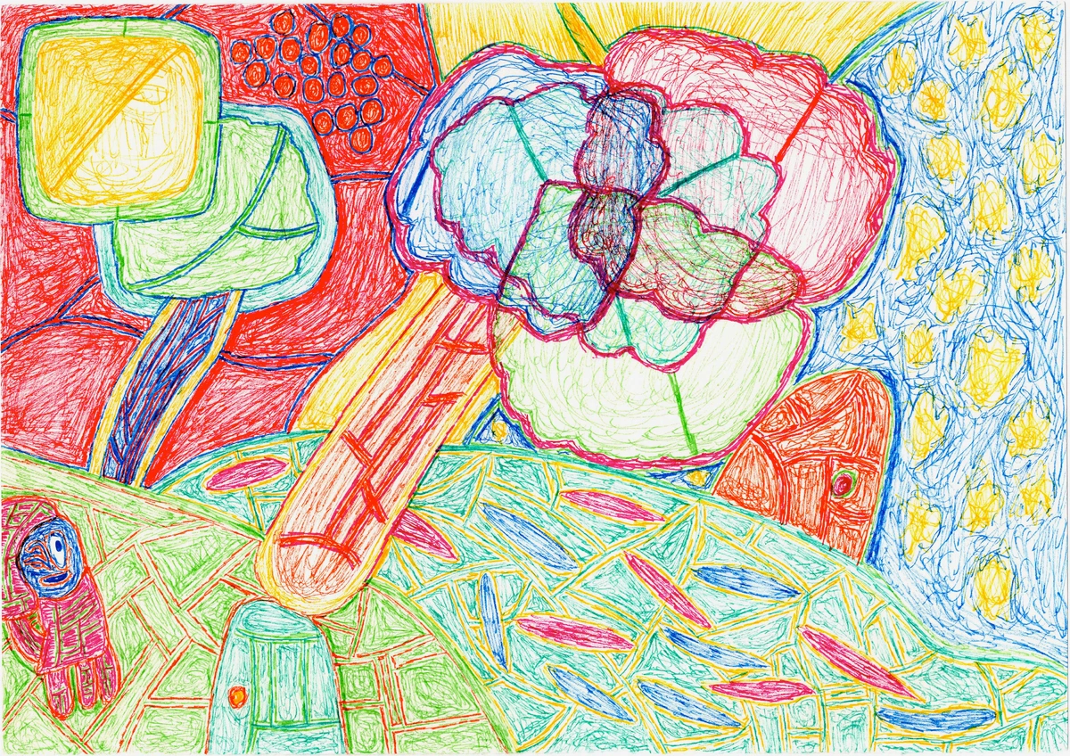 nature, outdoors, observation, vibrant colors, abstract shapes, organic forms, geometric patterns, surrealism, imaginative, playful, whimsical, red, green, blue, yellow, pink, textured, layered, detailed, intricate, fantastical, dreamlike, organic growth, natural elements, abstract representation