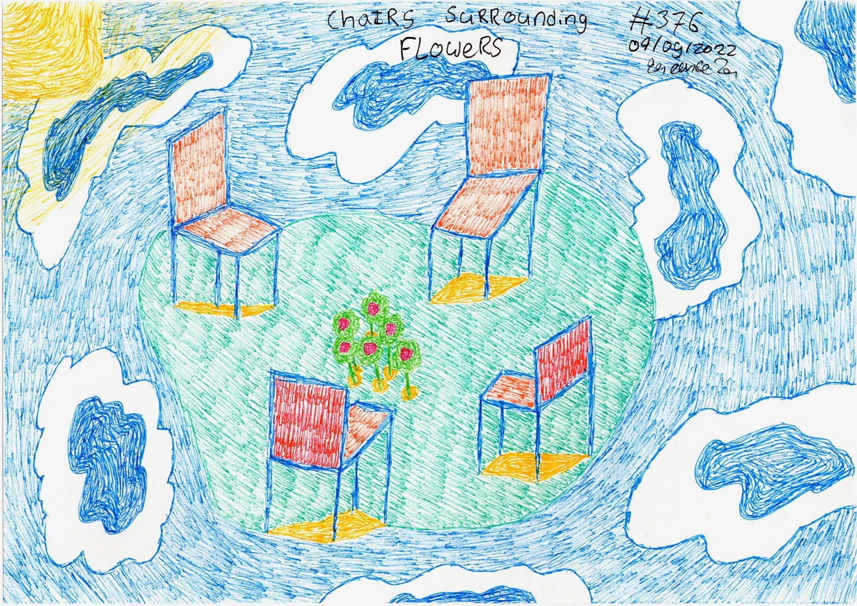 chairs, flowers, garden, outdoor, seating, nature, floral, red chairs, blue outlines, green background, yellow accents, abstract shapes, date, number