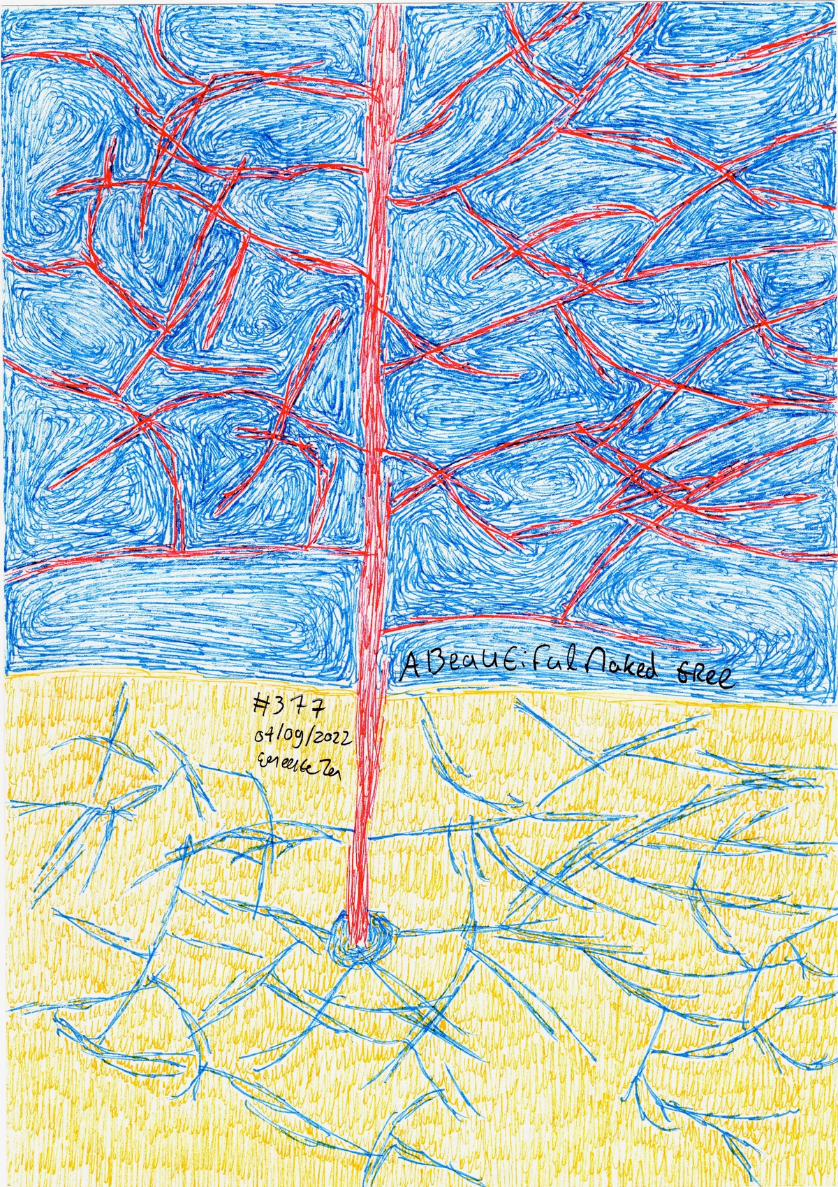 boom, natuur, blauw, rood, geel, abstract, organisch, groei, wortels, takken, lucht, grond, getextureerd, tekening, lijnen