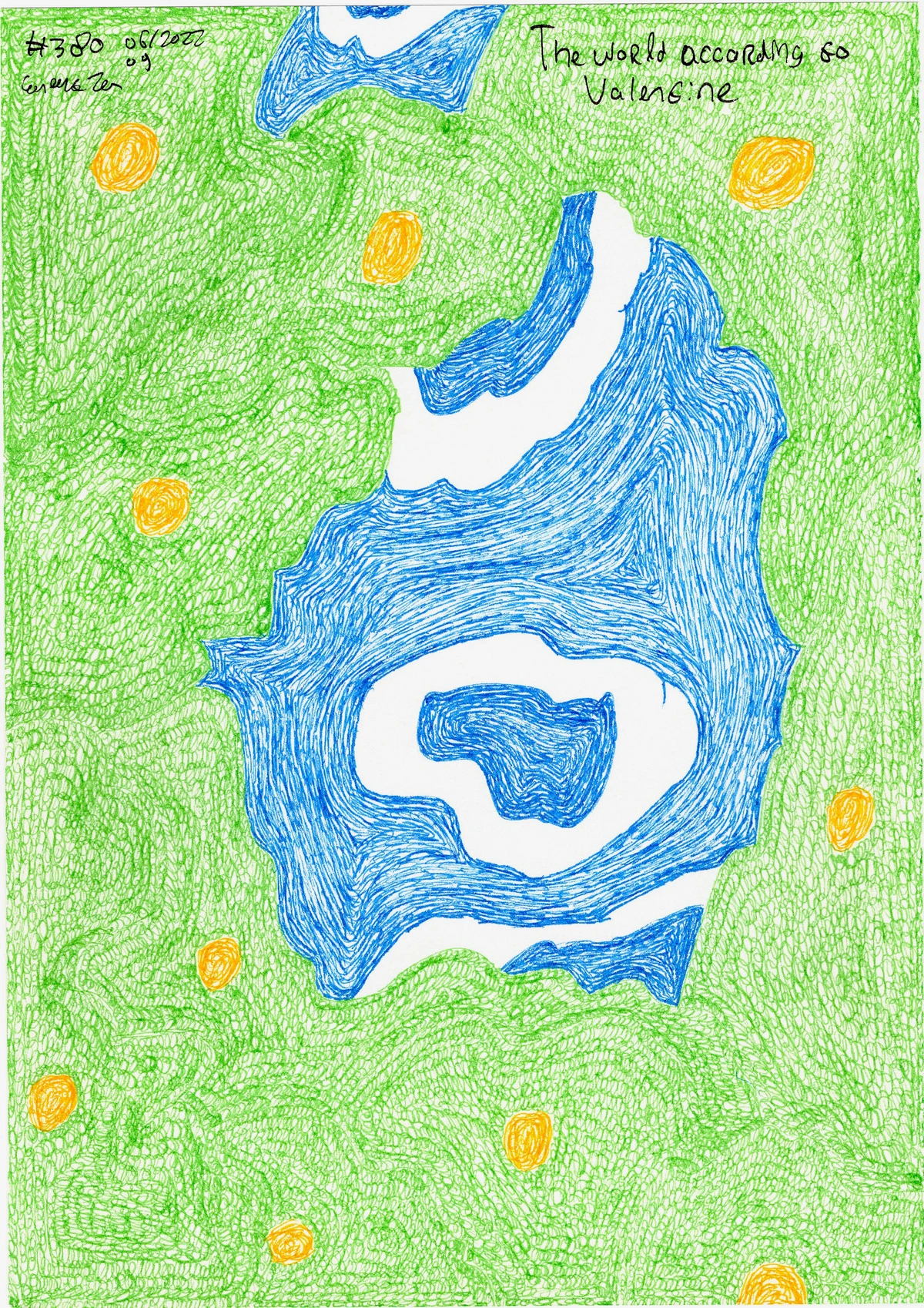 Childlike drawing of a world map with abstract elements, suggesting a personal perspective on the world.