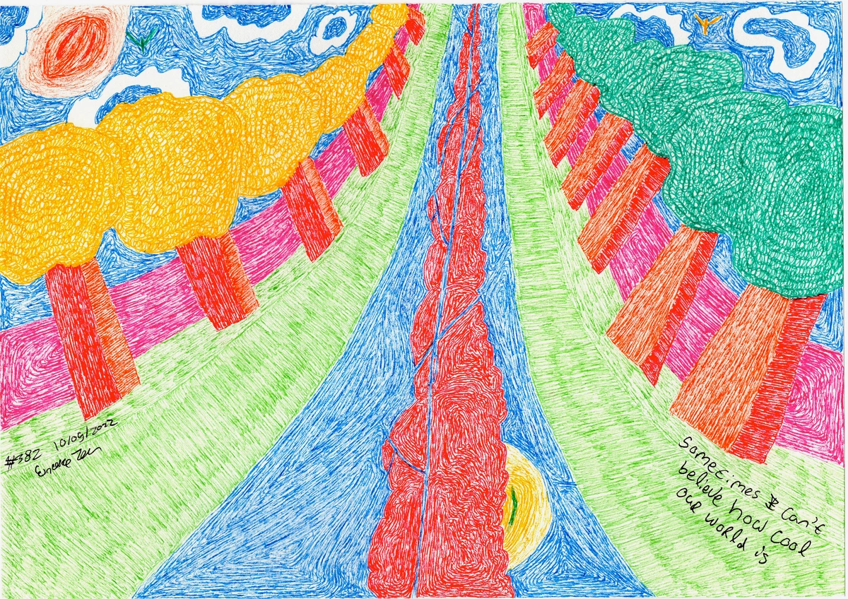 wonder, awe, appreciation, nature, world, beauty, vibrant colors, abstract, expressive, childlike, optimistic, surreal, landscape, trees, sky, sun, river, abstract shapes, bold lines, textured, colorful, green, blue, red, yellow, pink, orange, handwritten text, date, artwork number