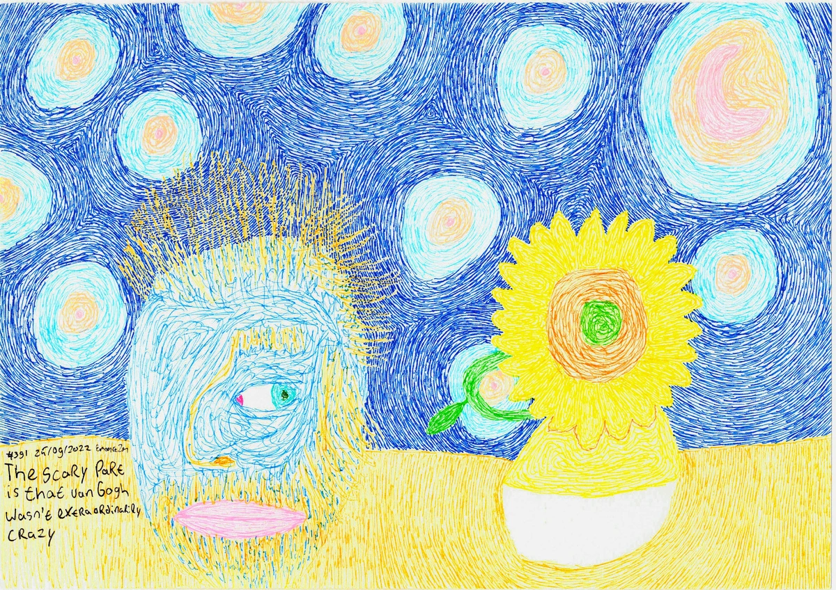 Abstract blauw paard dat in een kleurrijk landschap staat.