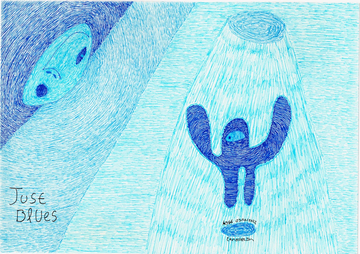 blue tones, melancholy, abstract, surreal, figure, spotlight, abstract background, text, signature, date