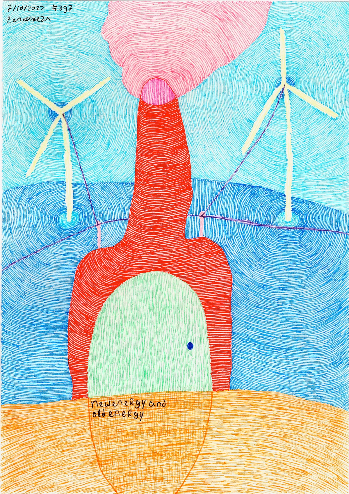 wind turbines, energy, nature, technology, contrast, old vs new, abstract, drawing, colorful, red, blue, green, yellow, orange
