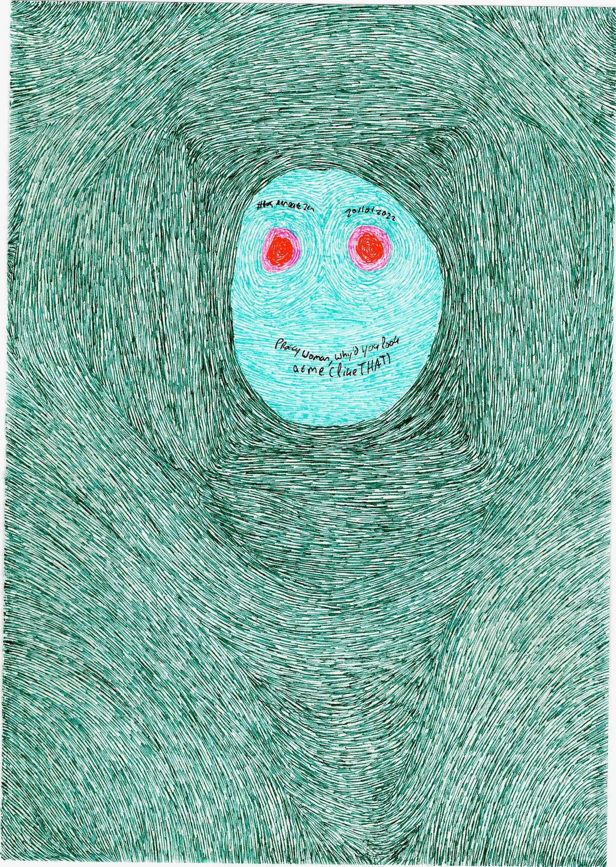 woman, face, eyes, questioning, direct gaze, teal, red, green, textured, abstract, portrait, expressive, curious, direct, confrontational, date, 2021